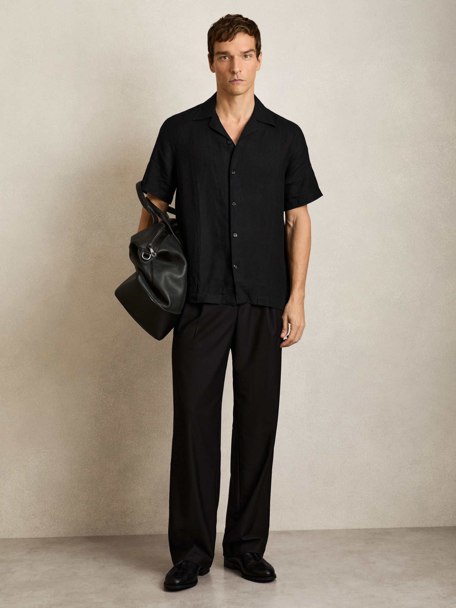 Linen Cuban-Collar Shirt in Black - Image 3 of 6