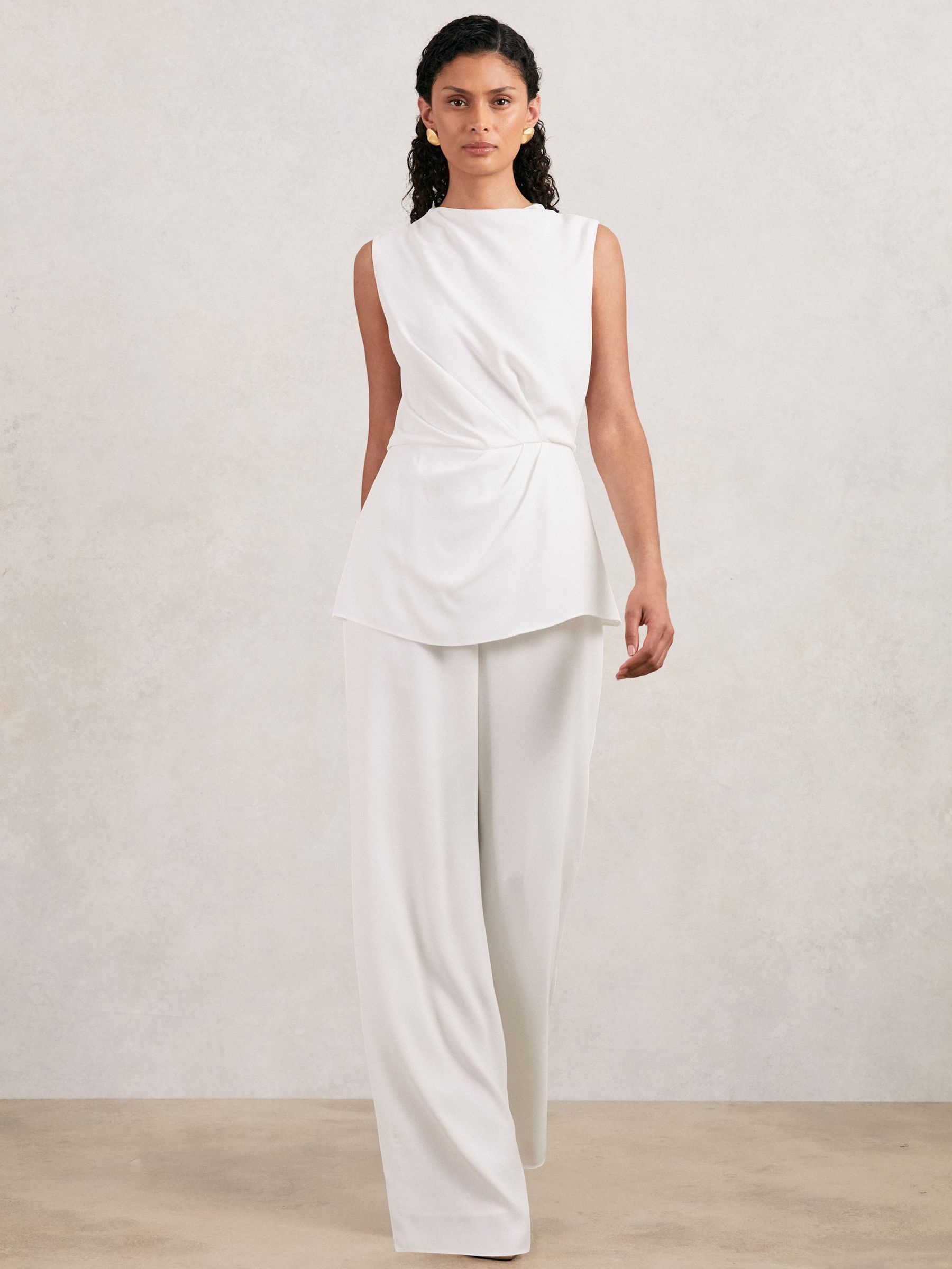 Halston Crepe Wide Leg Jumpsuit in Ivory - Image 3 of 5