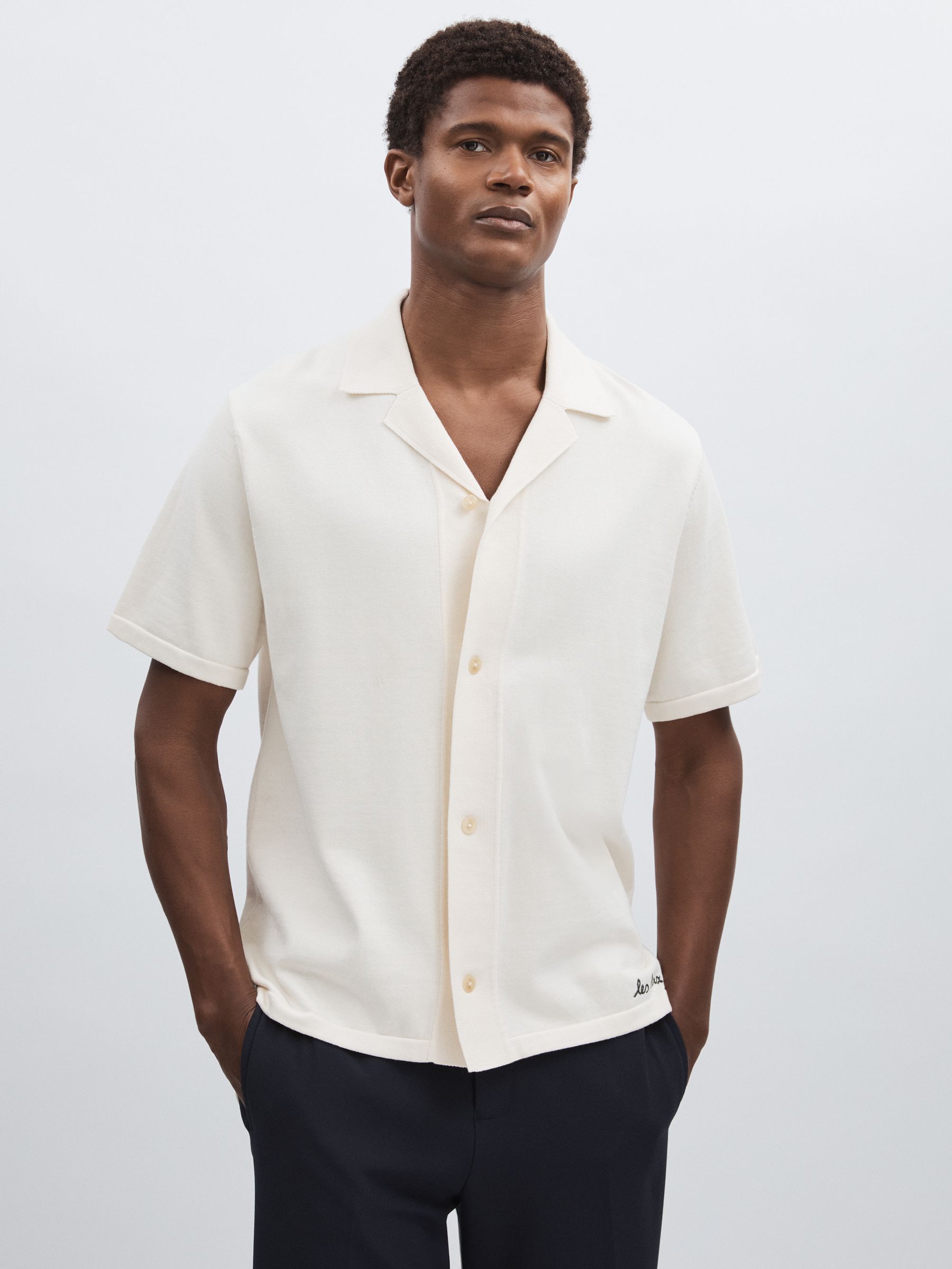 Floral Motif Knit 100% Cotton Shirt in Ivory Print - Image 1 of 5