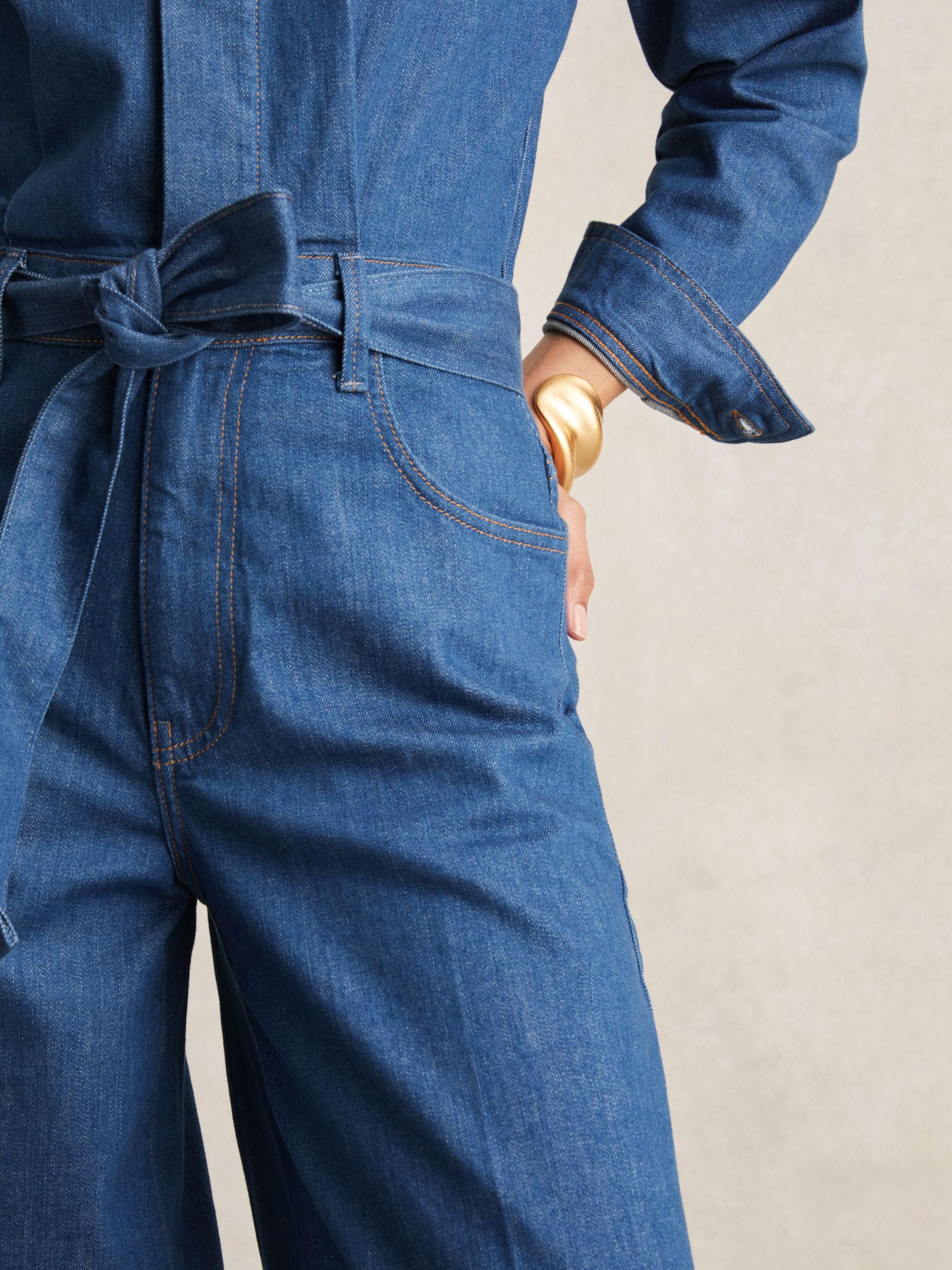 Reiss Maraya Wide Leg Belted Denim Jumpsuit in Maraya Blue - REISS