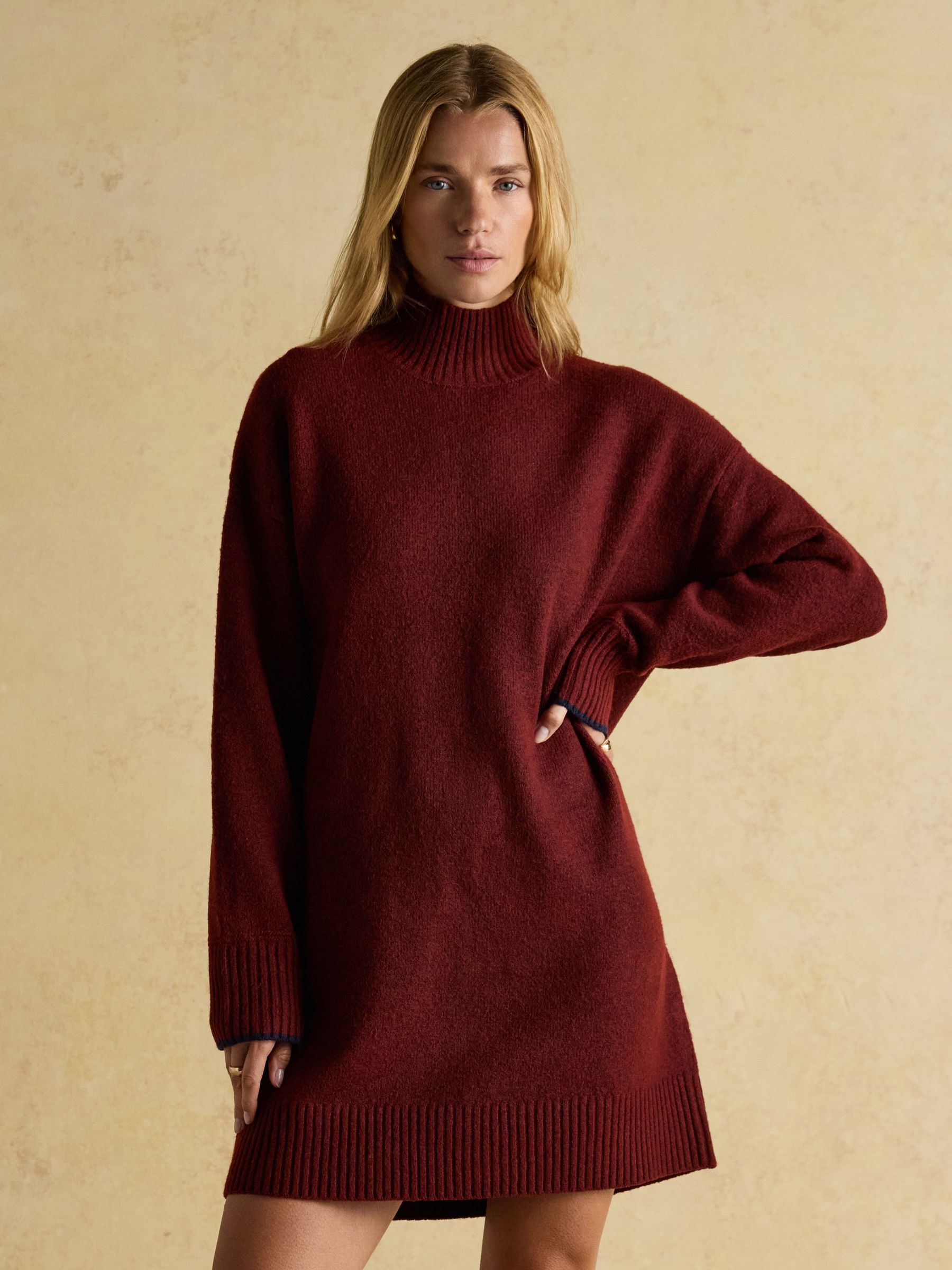 Hailey Wine Red High Neck Knitted Dress | Joules