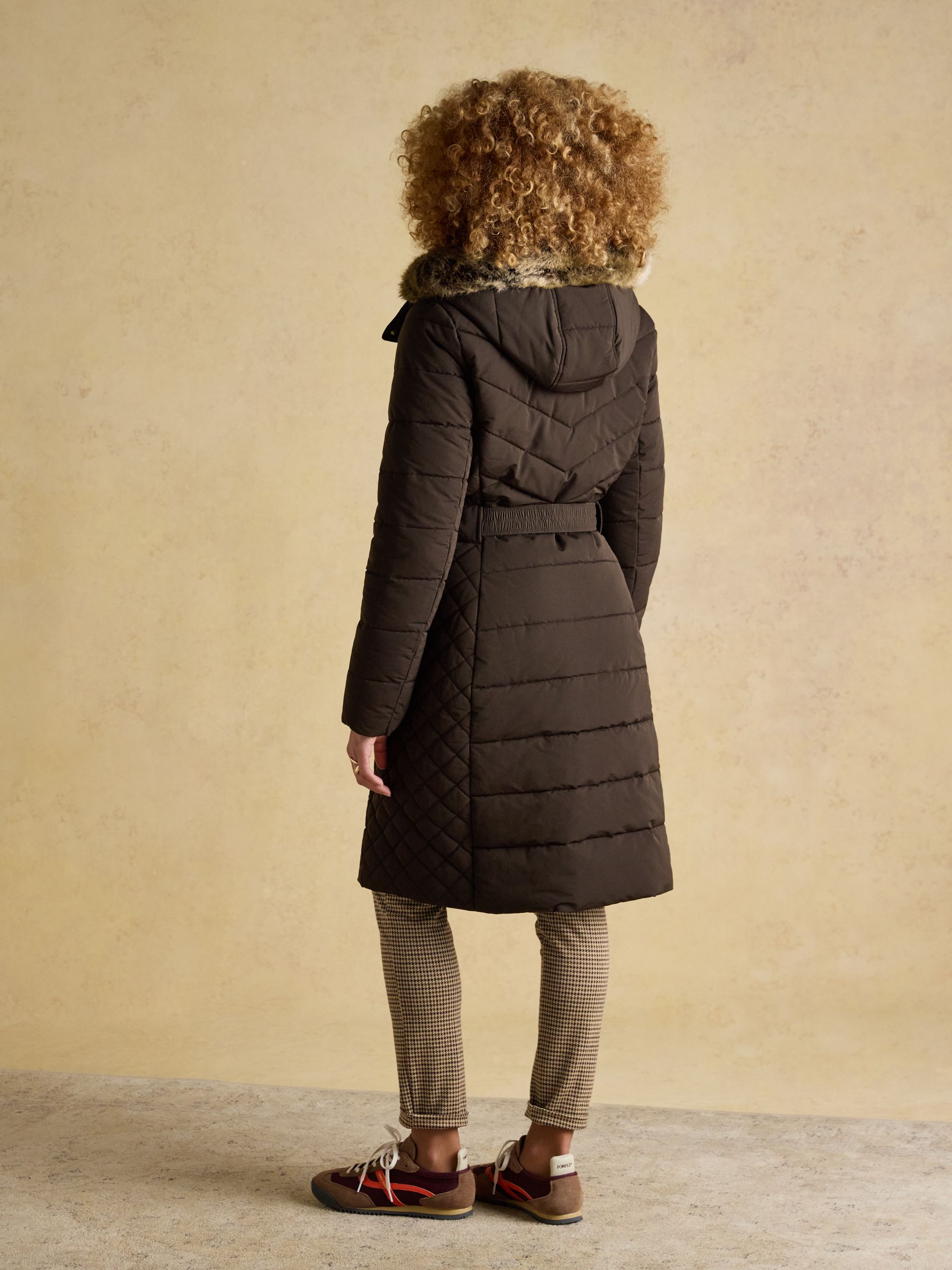 Aspen Brown Showerproof Longline Padded Coat with Faux Fur Hood - Image 2 of 13