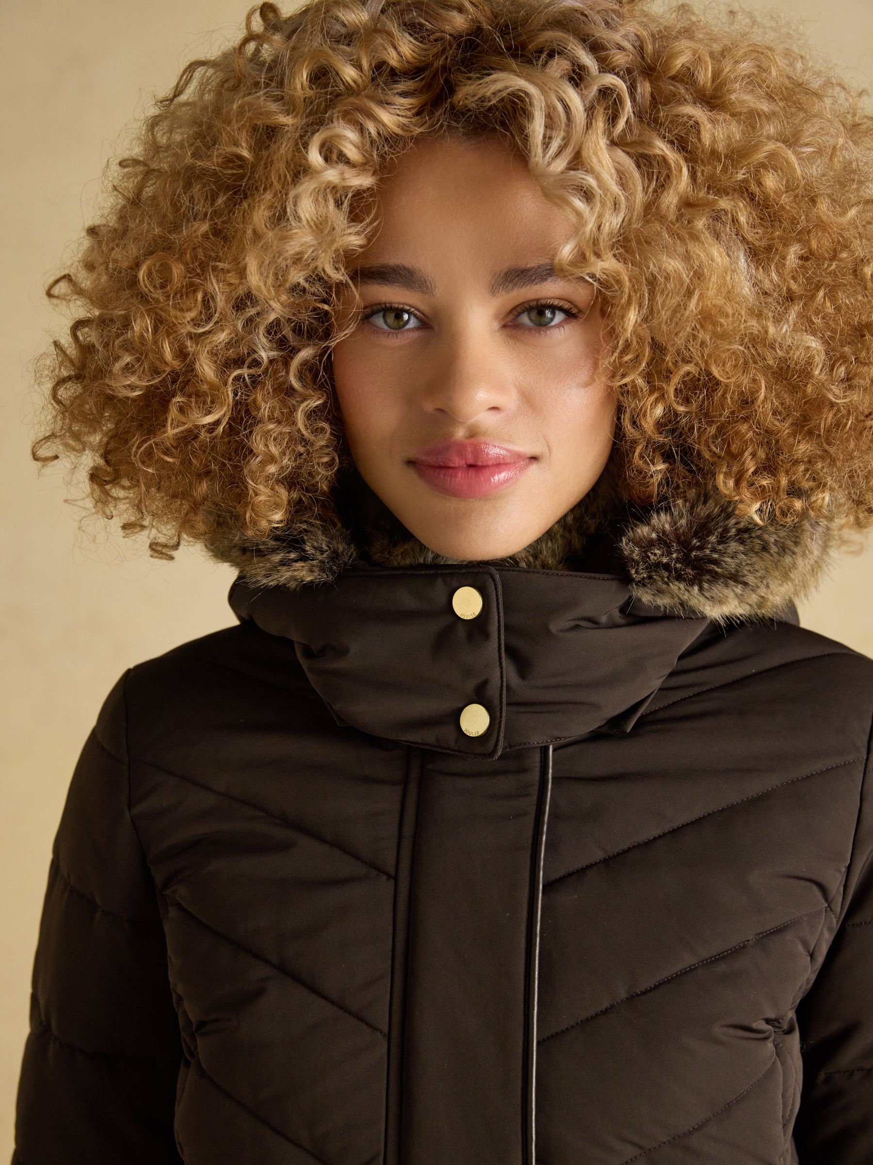 Aspen Brown Showerproof Longline Padded Coat with Faux Fur Hood - Image 4 of 13