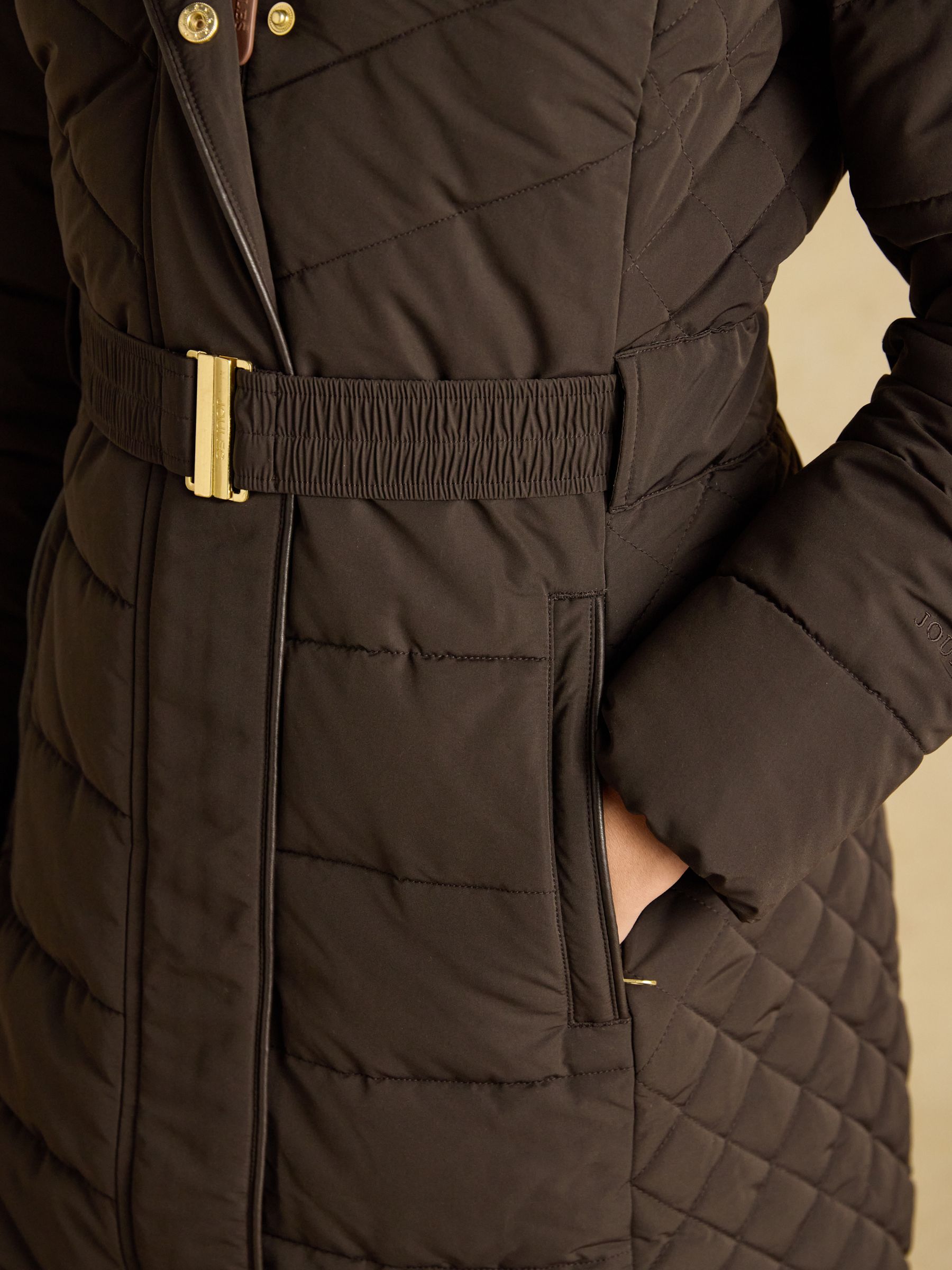 Aspen Brown Showerproof Longline Padded Coat with Faux Fur Hood - Image 5 of 13