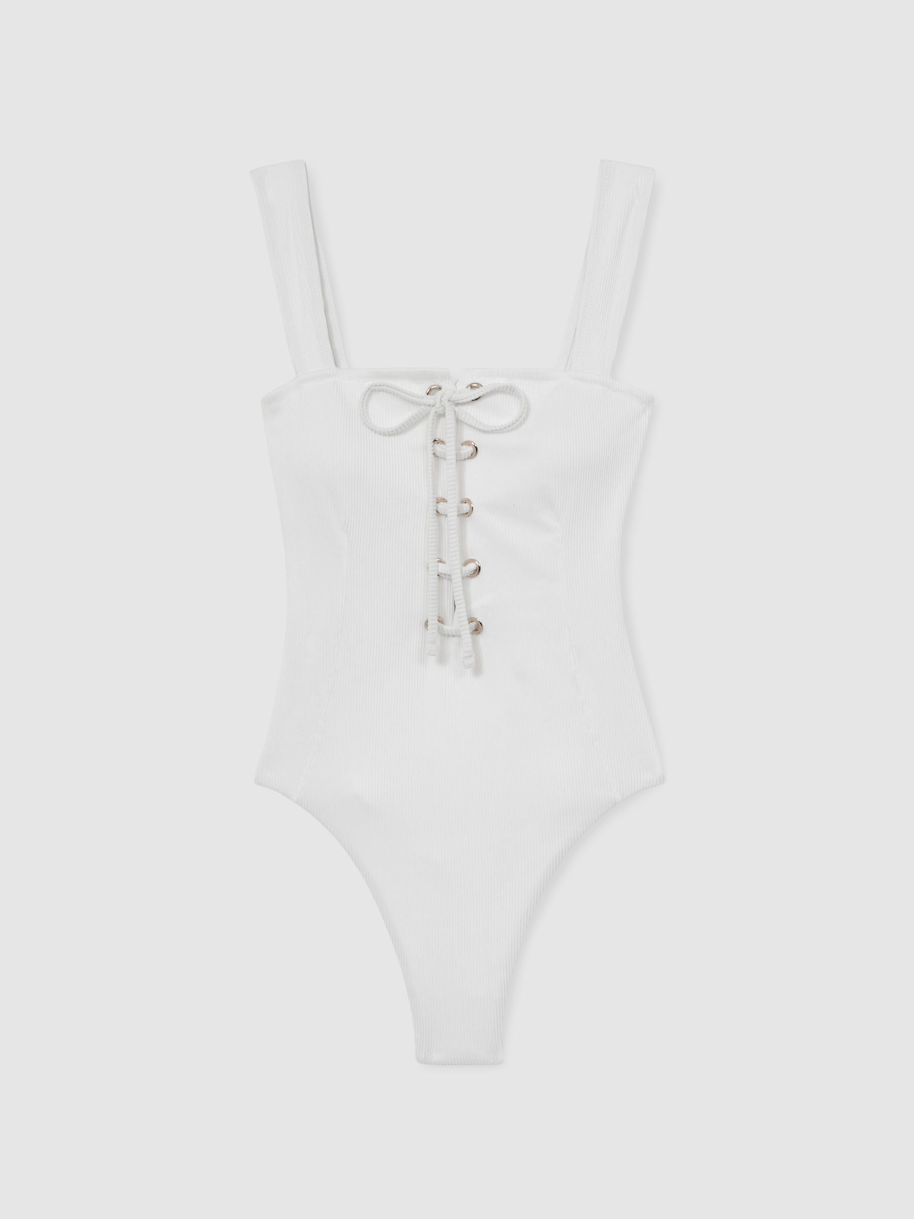 Ribbed Lace-Up Swimsuit in White - Image 2 of 5