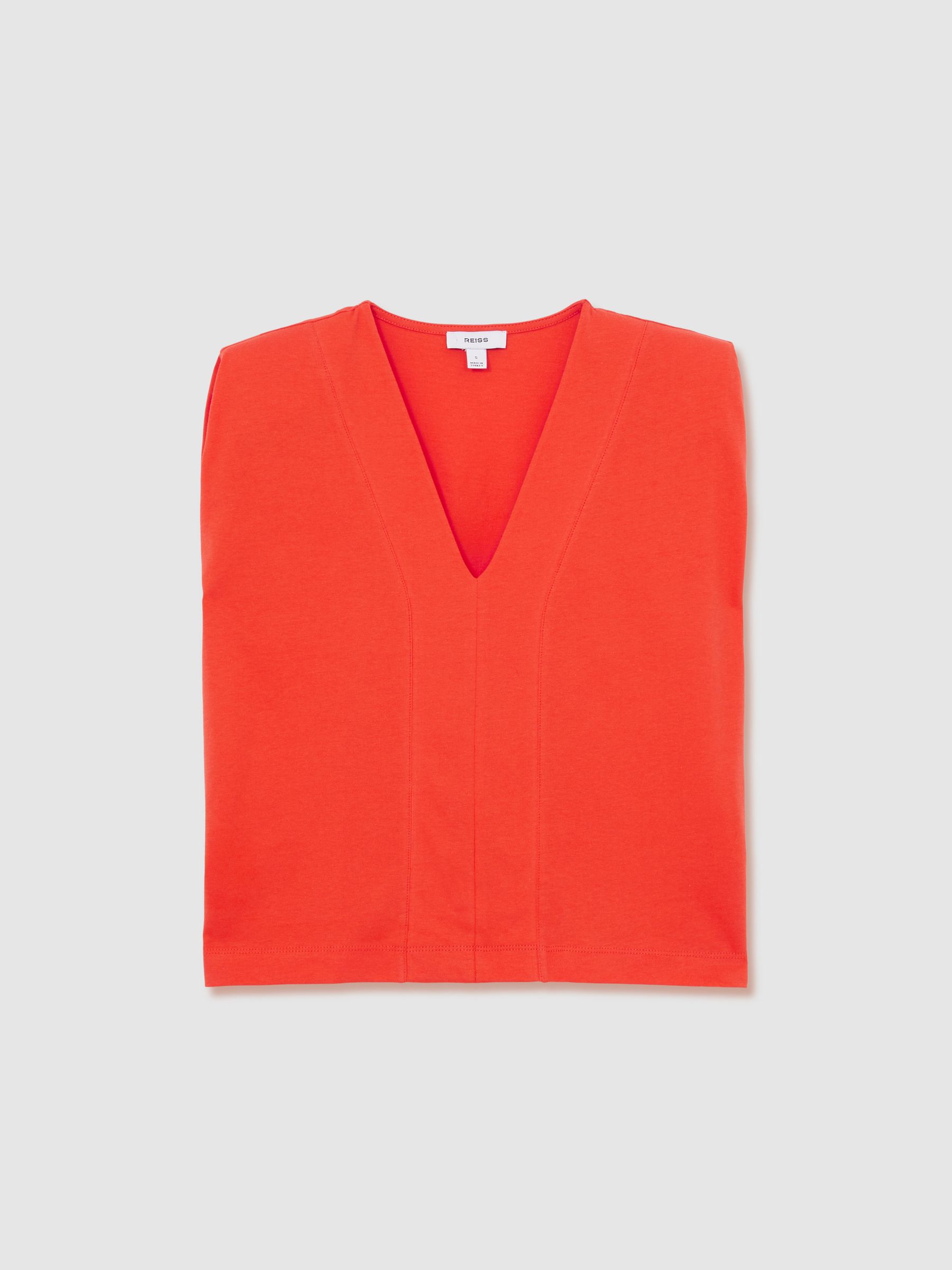 Shoulder-Pad 100% Cotton V-Neck Top in Coral - Image 2 of 5