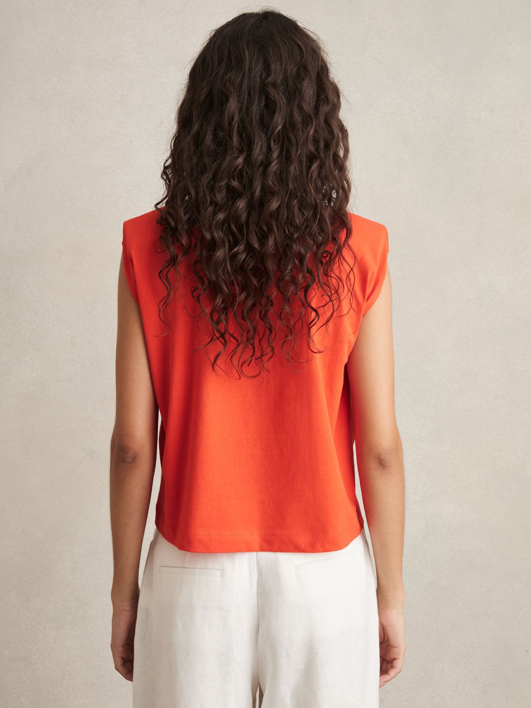 Shoulder-Pad 100% Cotton V-Neck Top in Coral - Image 4 of 5