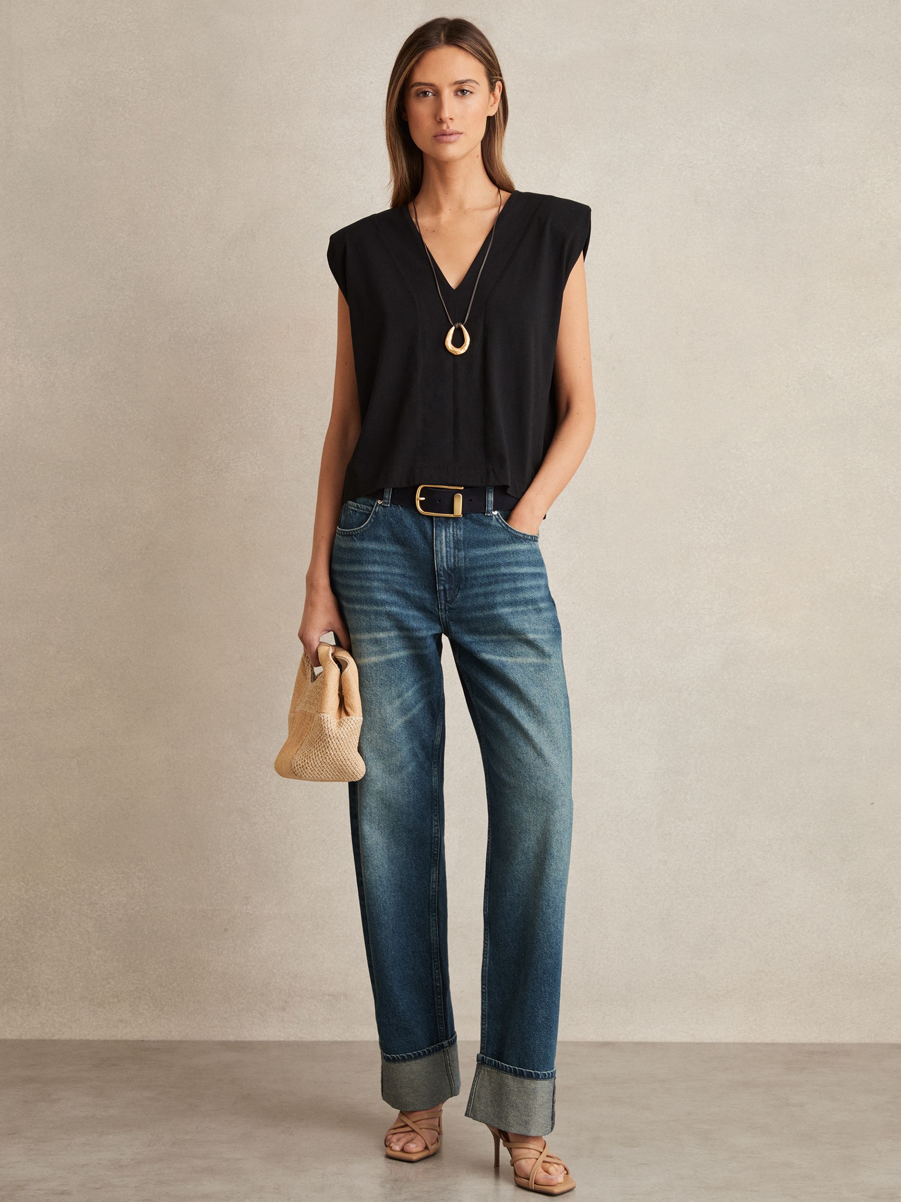 Shoulder-Pad 100% Cotton V-Neck Top in Black - Image 1 of 5