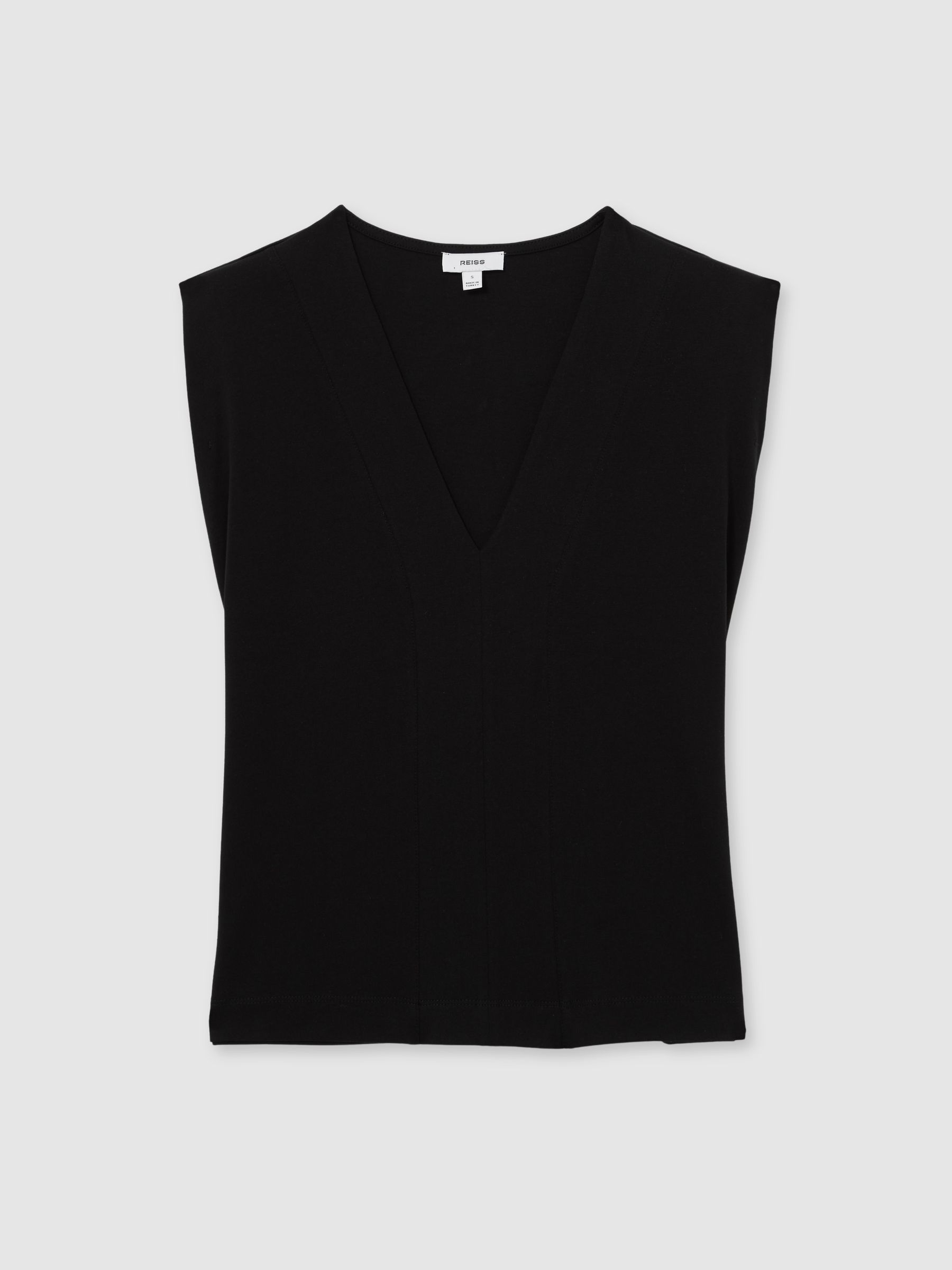 Shoulder-Pad 100% Cotton V-Neck Top in Black - Image 2 of 5