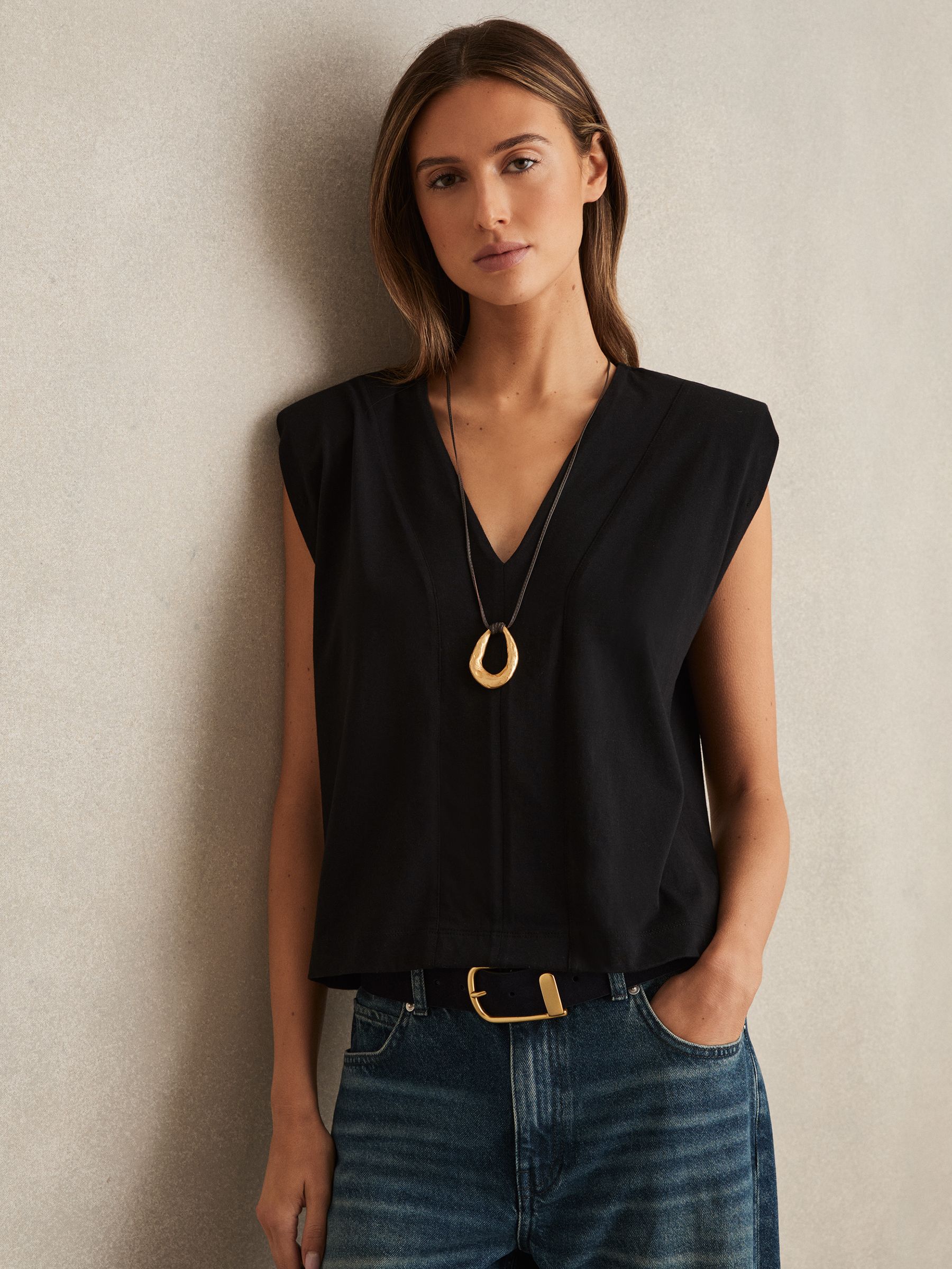 Cotton Shoulder-Pad V-Neck Top in Black - image 3