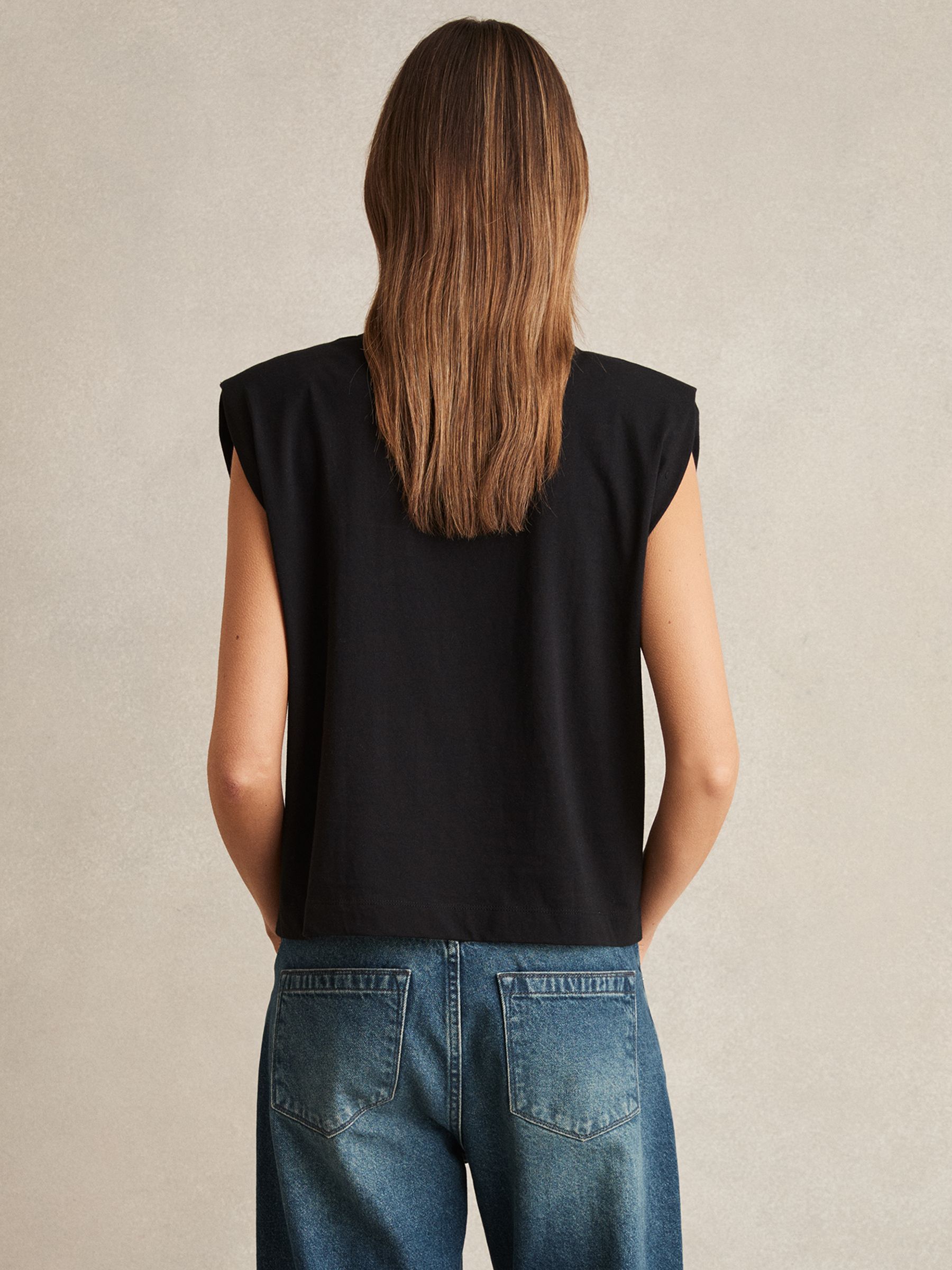 Cotton Shoulder-Pad V-Neck Top in Black - image 4