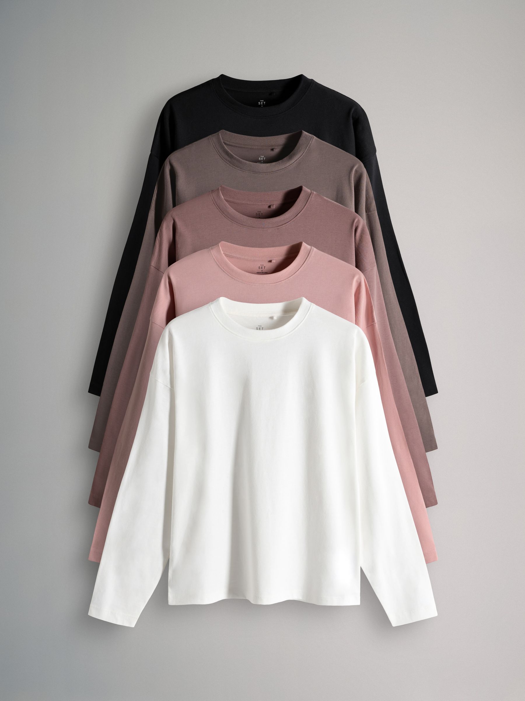 White/Pale Pink/Mauve Pink/Light Brown/Black - 5 Pack Relaxed Long Sleeved T-Shirts - Image 1 of 8