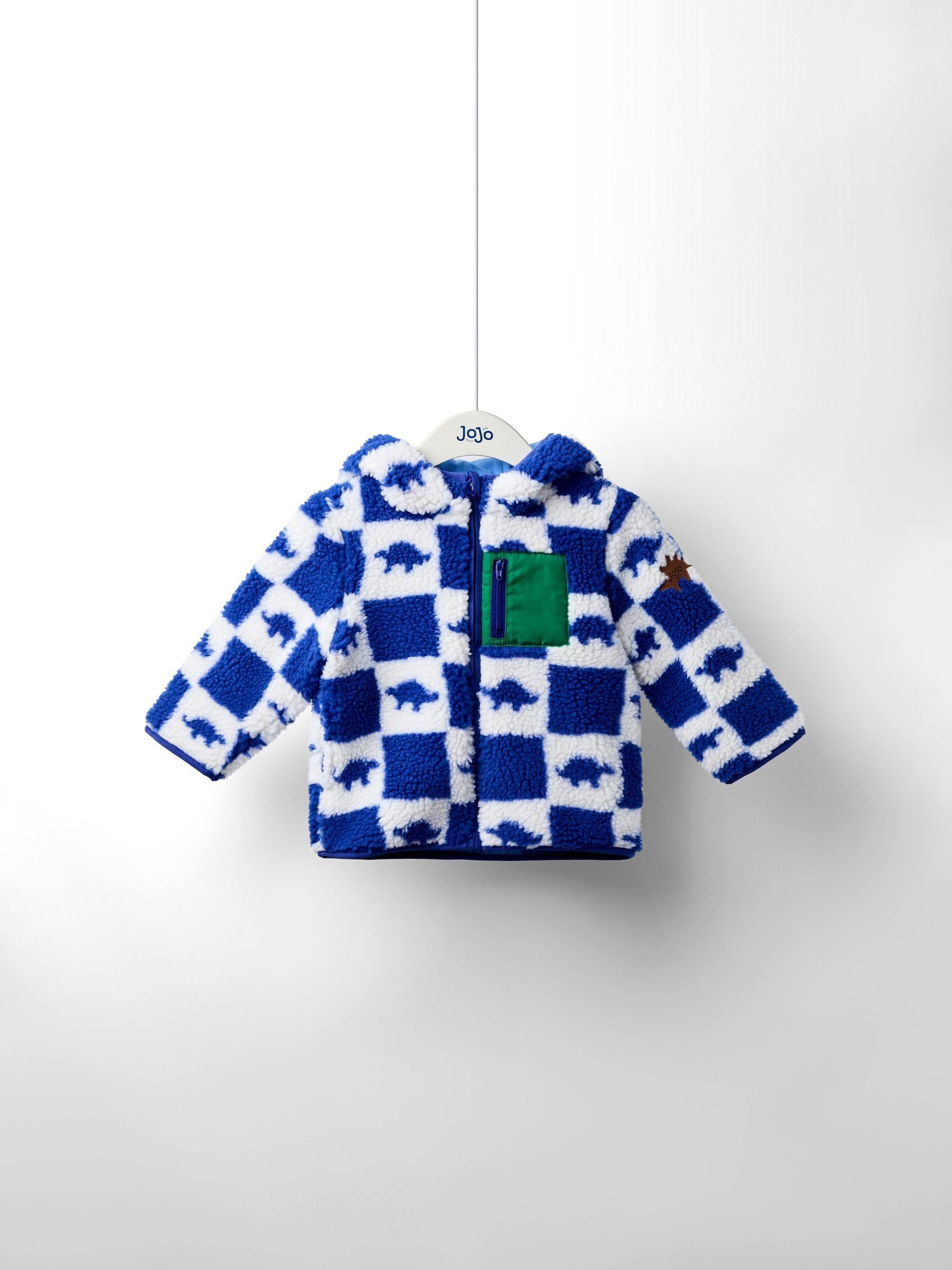 Blue Dino Checkerboard Hooded Borg Jacket - Image 1 of 5