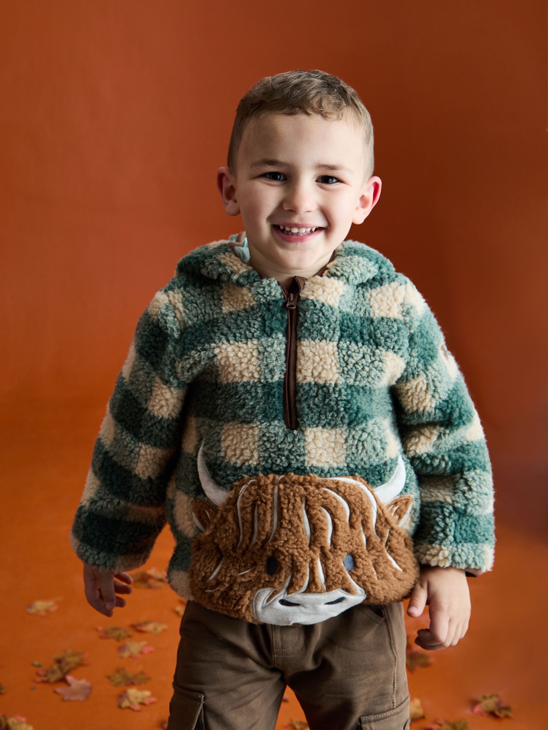 Green Highland Cow Appliqué Half Zip Borg Jacket | JoJo Maman Bébé USA