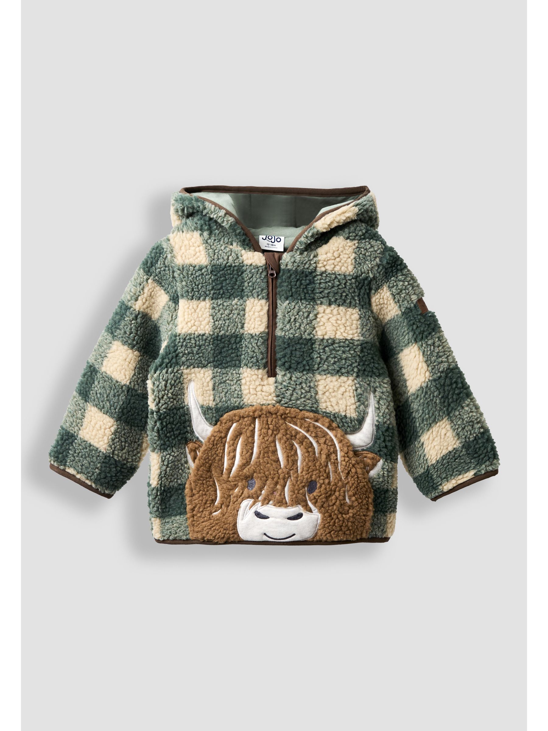Green Highland Cow Appliqué Half Zip Borg Jacket | JoJo Maman Bébé USA