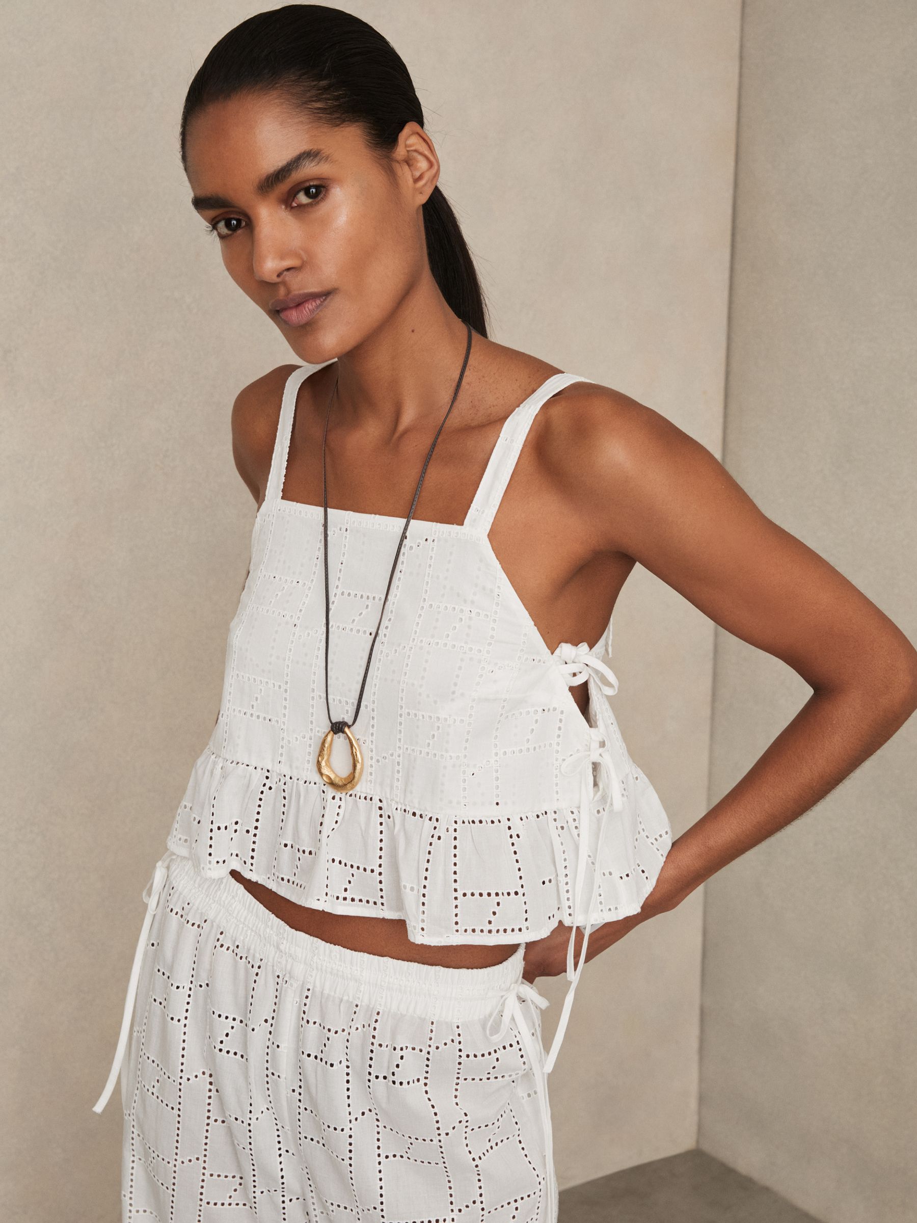Cotton Broderie Side-Tie Cropped Top in White - Image 4 of 7