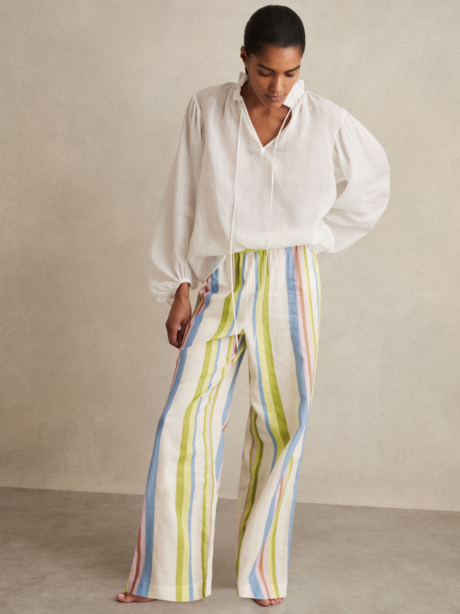 Linen-Blend Stripe Trousers in Green/Blue - Image 1 of 7