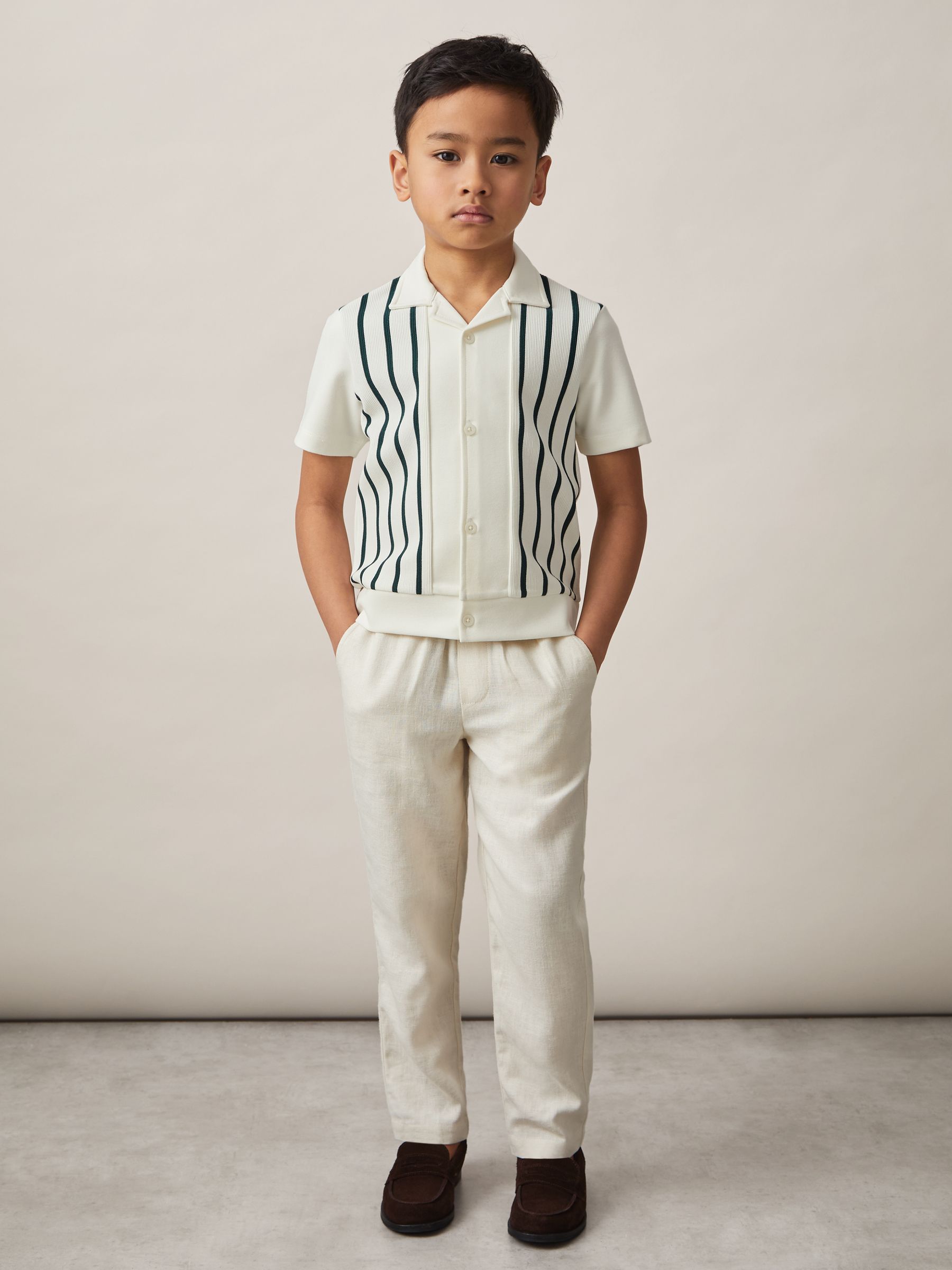 Stripe Cuban-Collar Shirt in Off White/Green - Image 2 of 4 Stripe Cuban-Collar Shirt in Off White/Green - Image 2 of 4