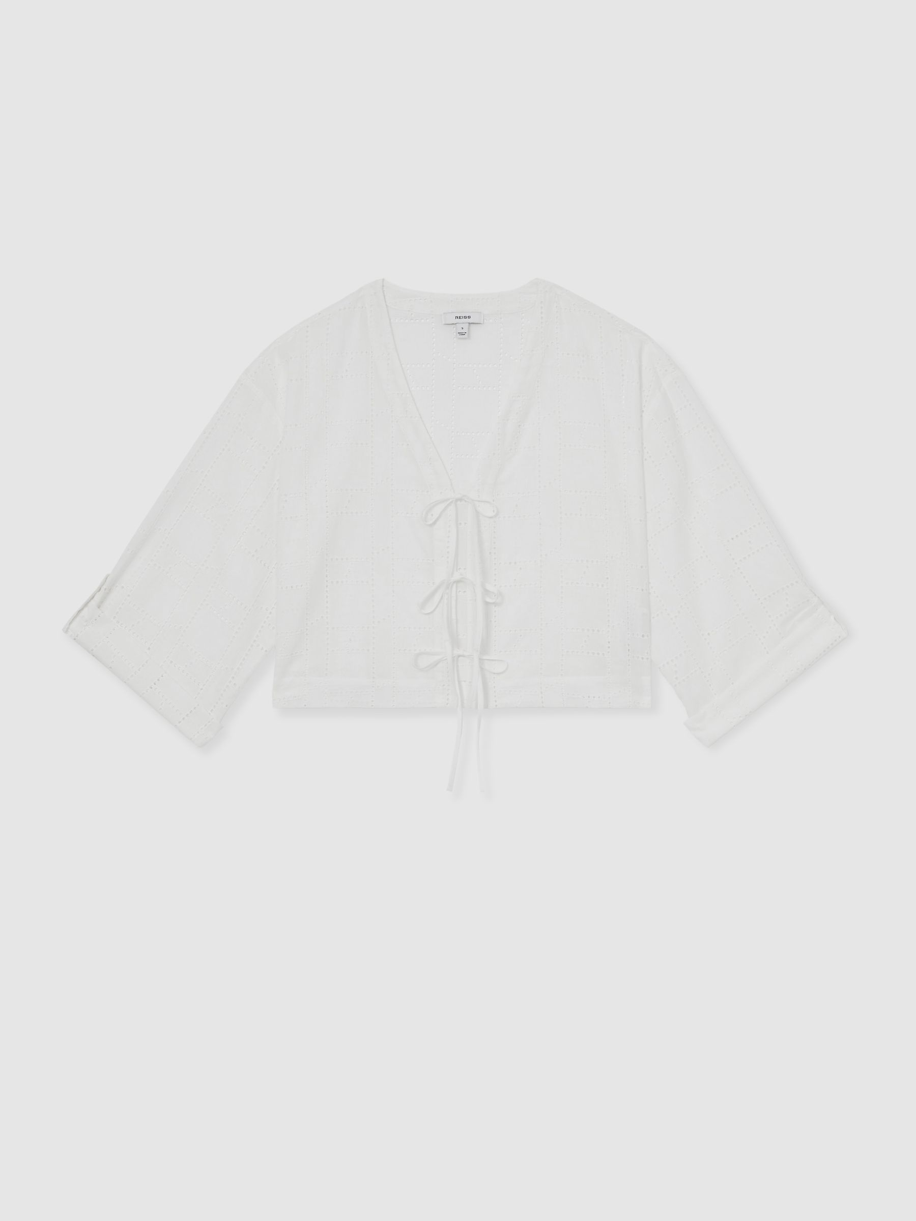 Cotton Broderie Tie-Front Top in White - Image 2 of 6