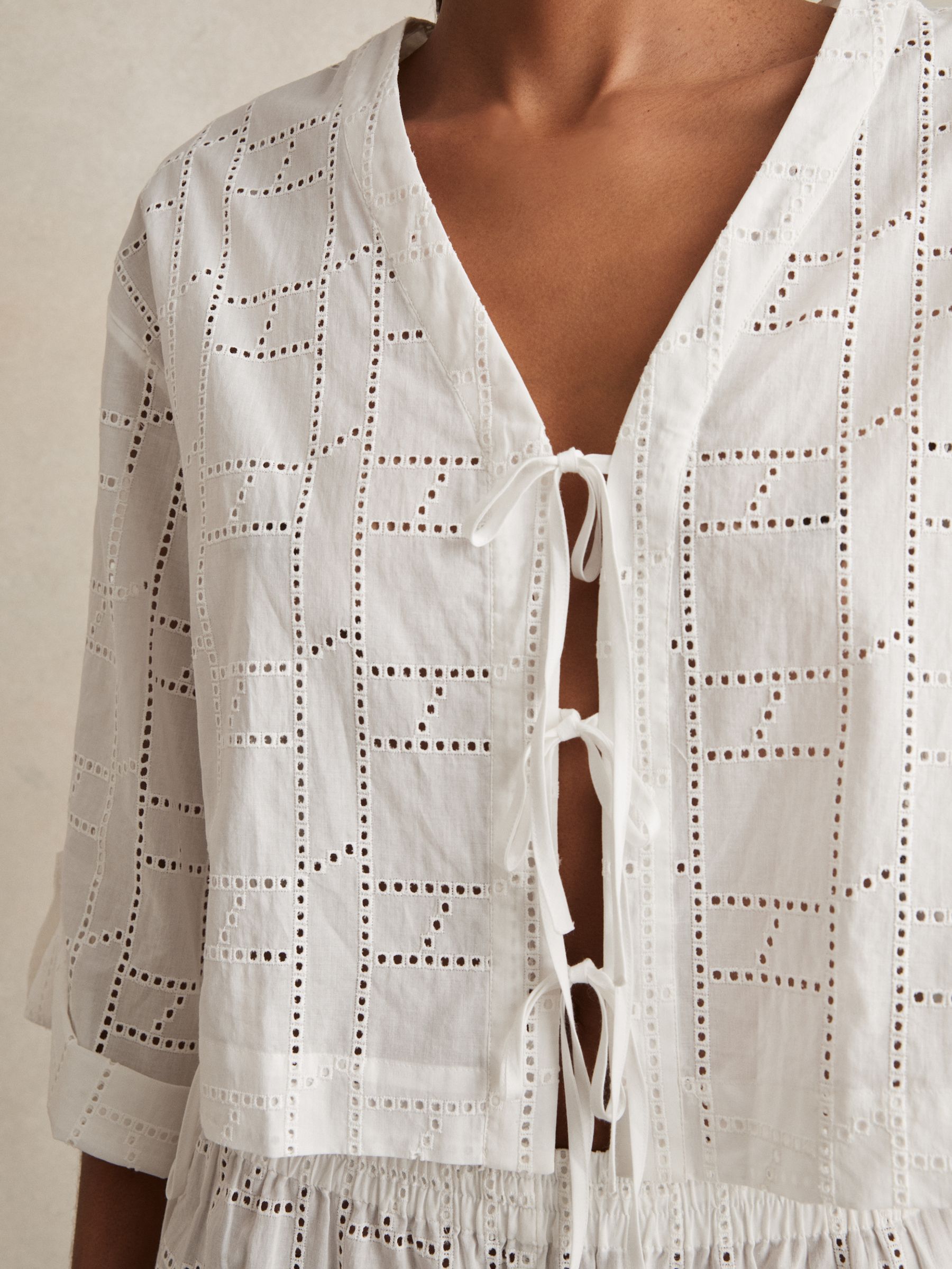 Cotton Broderie Tie-Front Top in White - Image 3 of 6