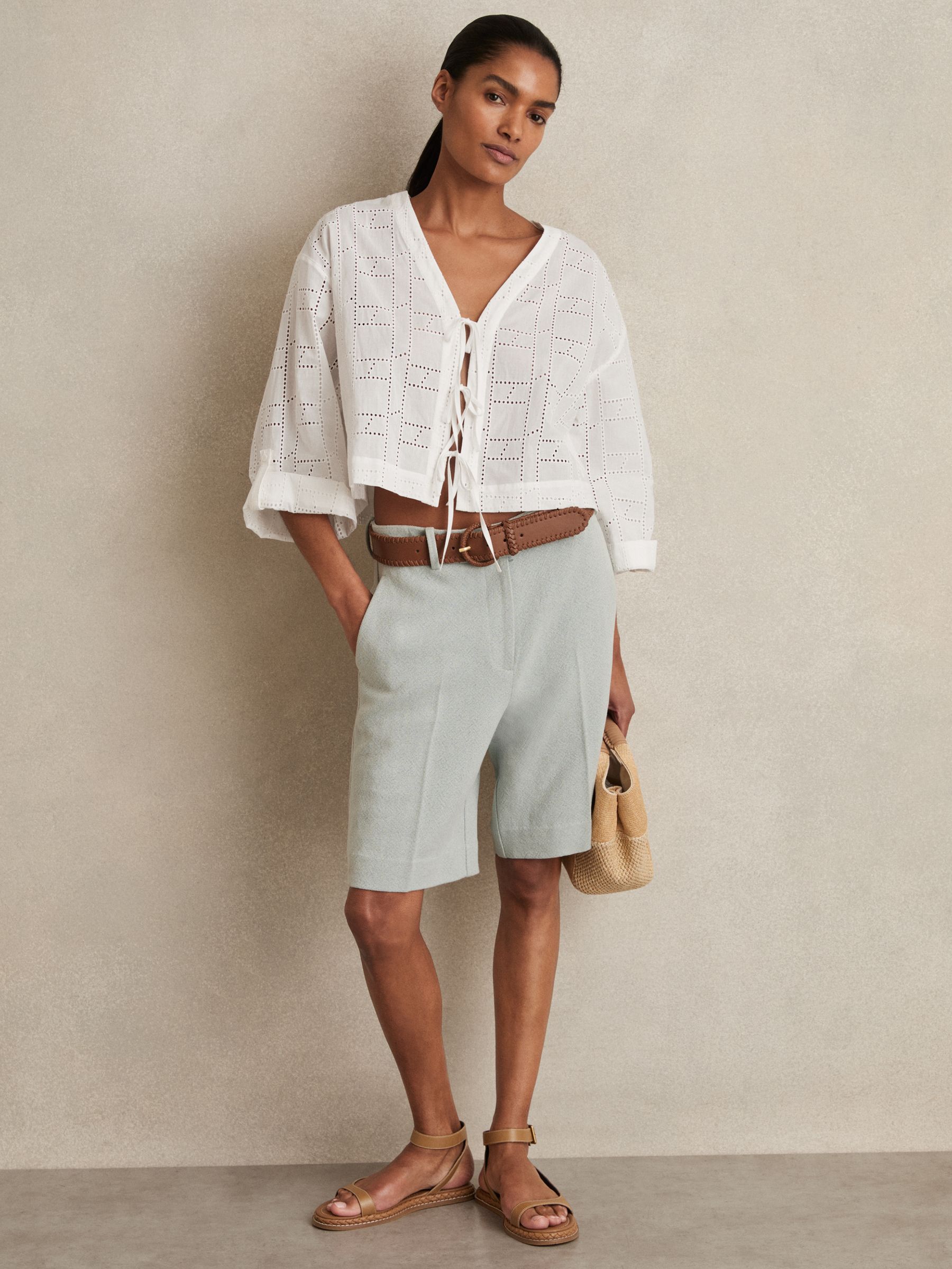 Cotton Broderie Tie-Front Top in White - Image 5 of 6