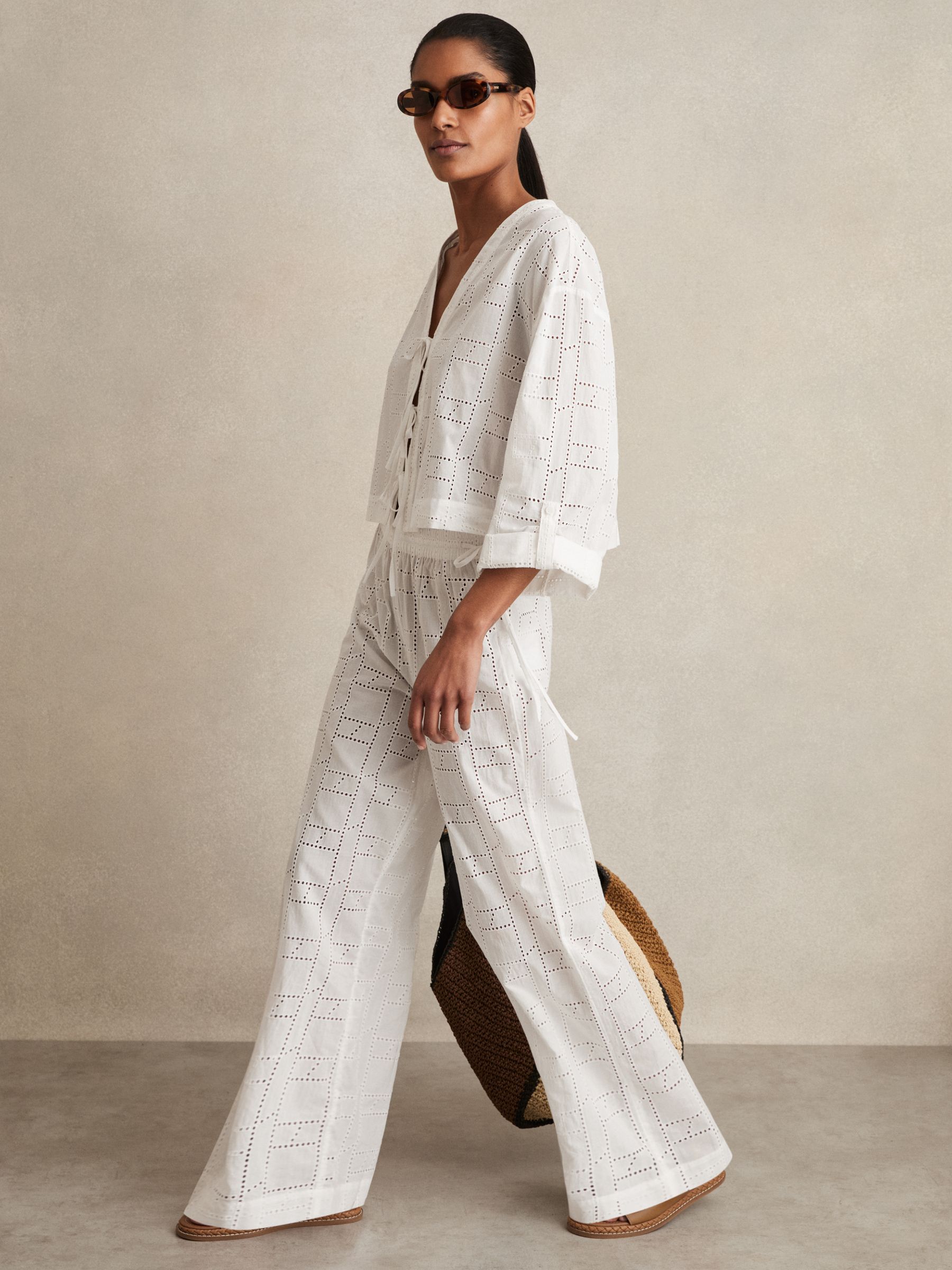 Cotton Broderie Side-Tie Trousers in White - Image 1 of 6