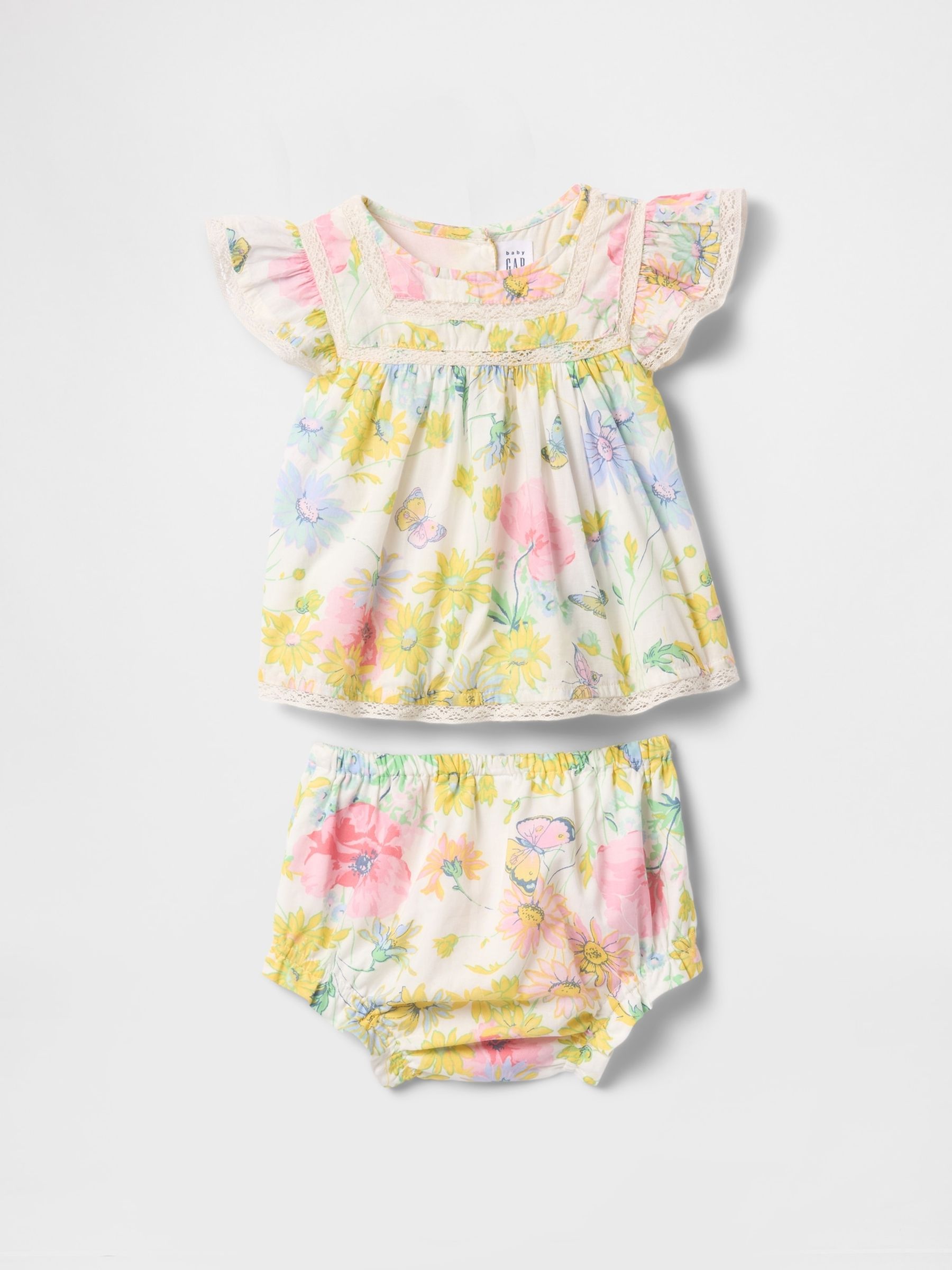 Cream Floral Linen-Cotton Ruffle Outfit Set (Newborn-24mths) - Image 1 of 3