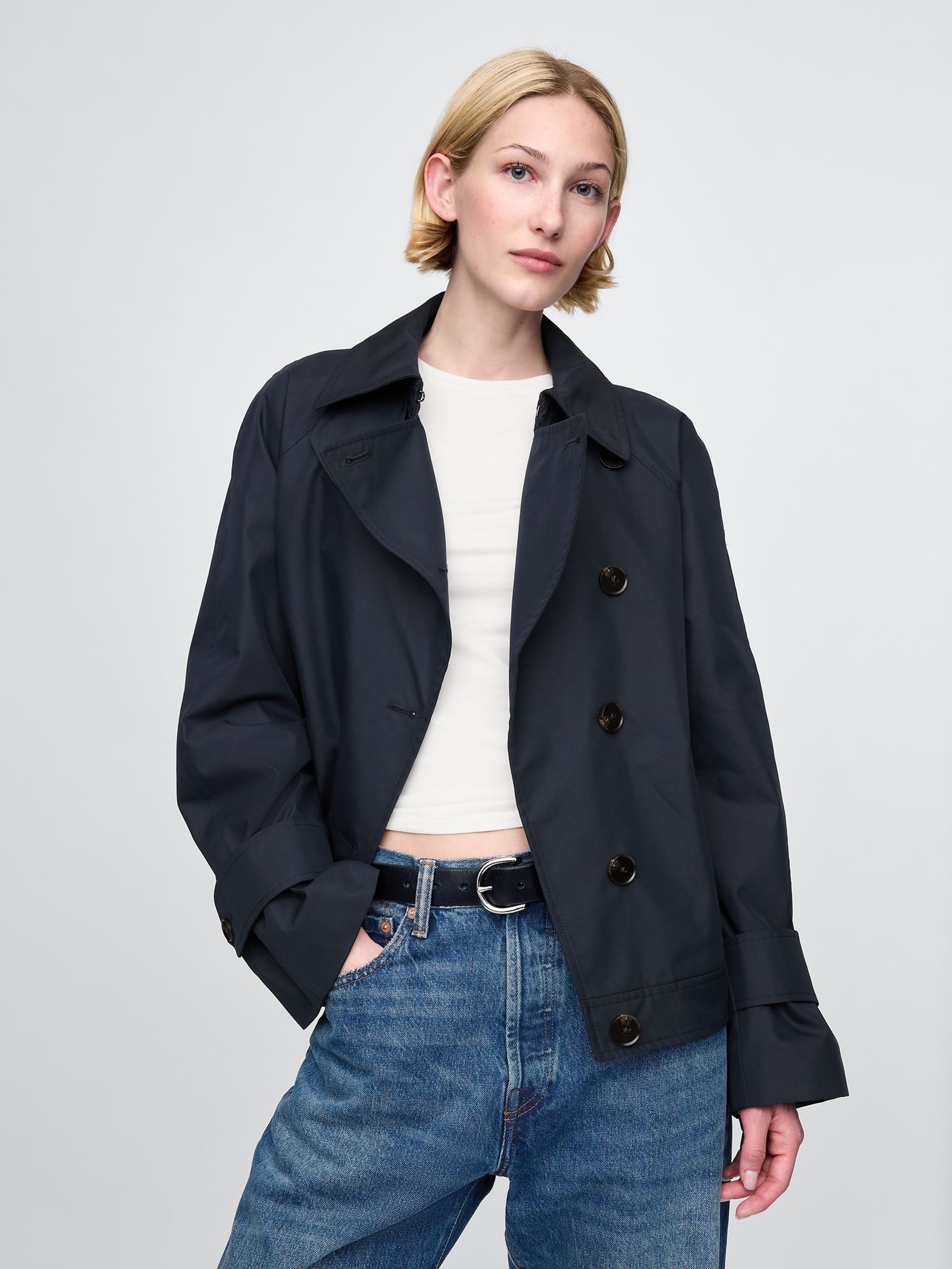 Navy Blue Asymmetrical Short Trench Jacket - Image 1 of 5