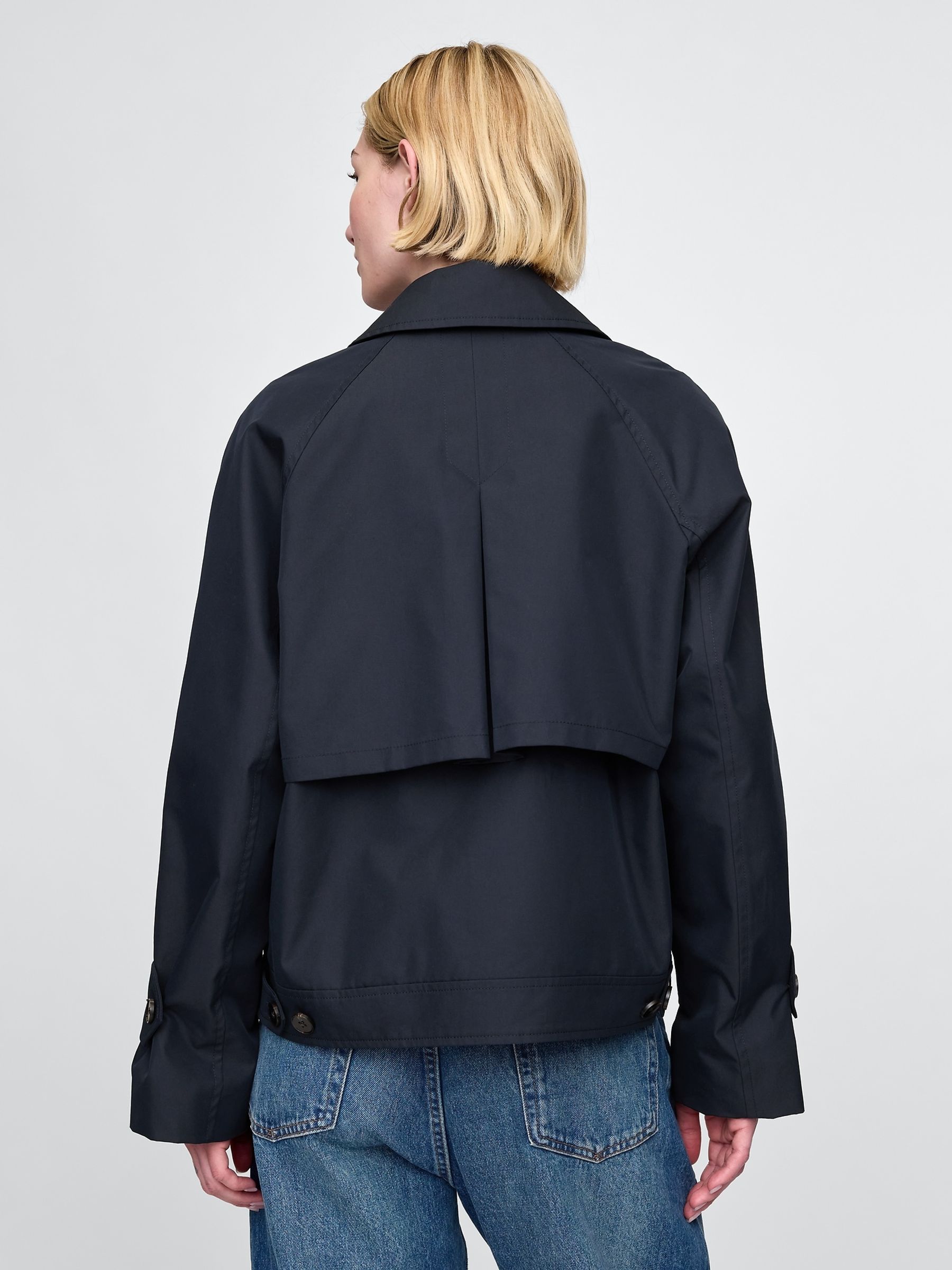 Navy Blue Asymmetrical Short Trench Jacket - Image 2 of 5