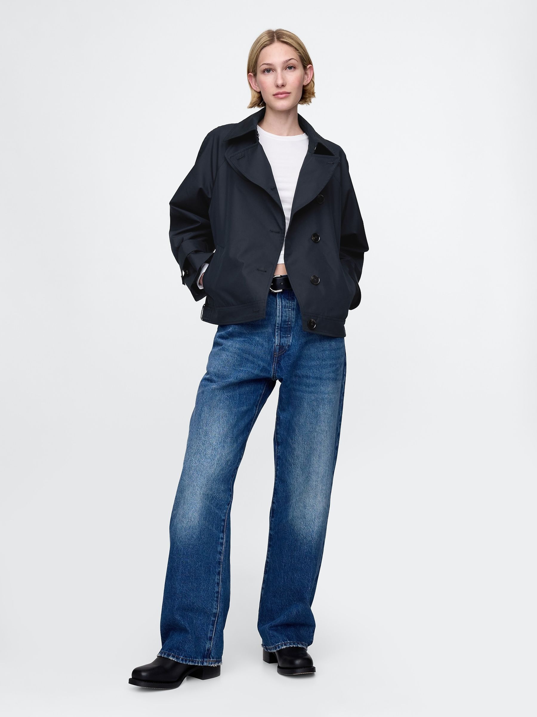 Navy Blue Asymmetrical Short Trench Jacket - Image 3 of 5