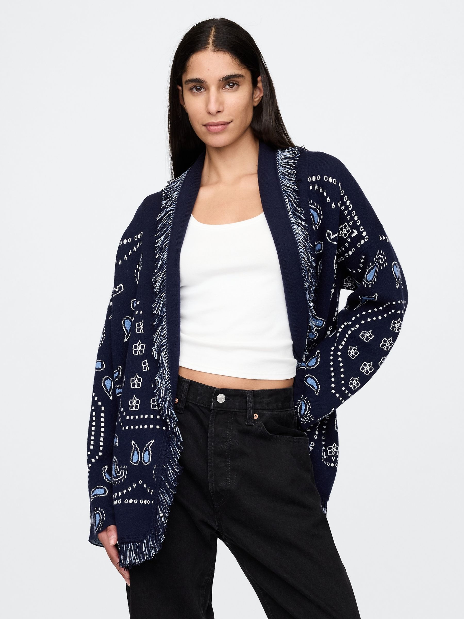 Navy Blue Oversized Fringe Shawl Cardigan - Image 1 of 5