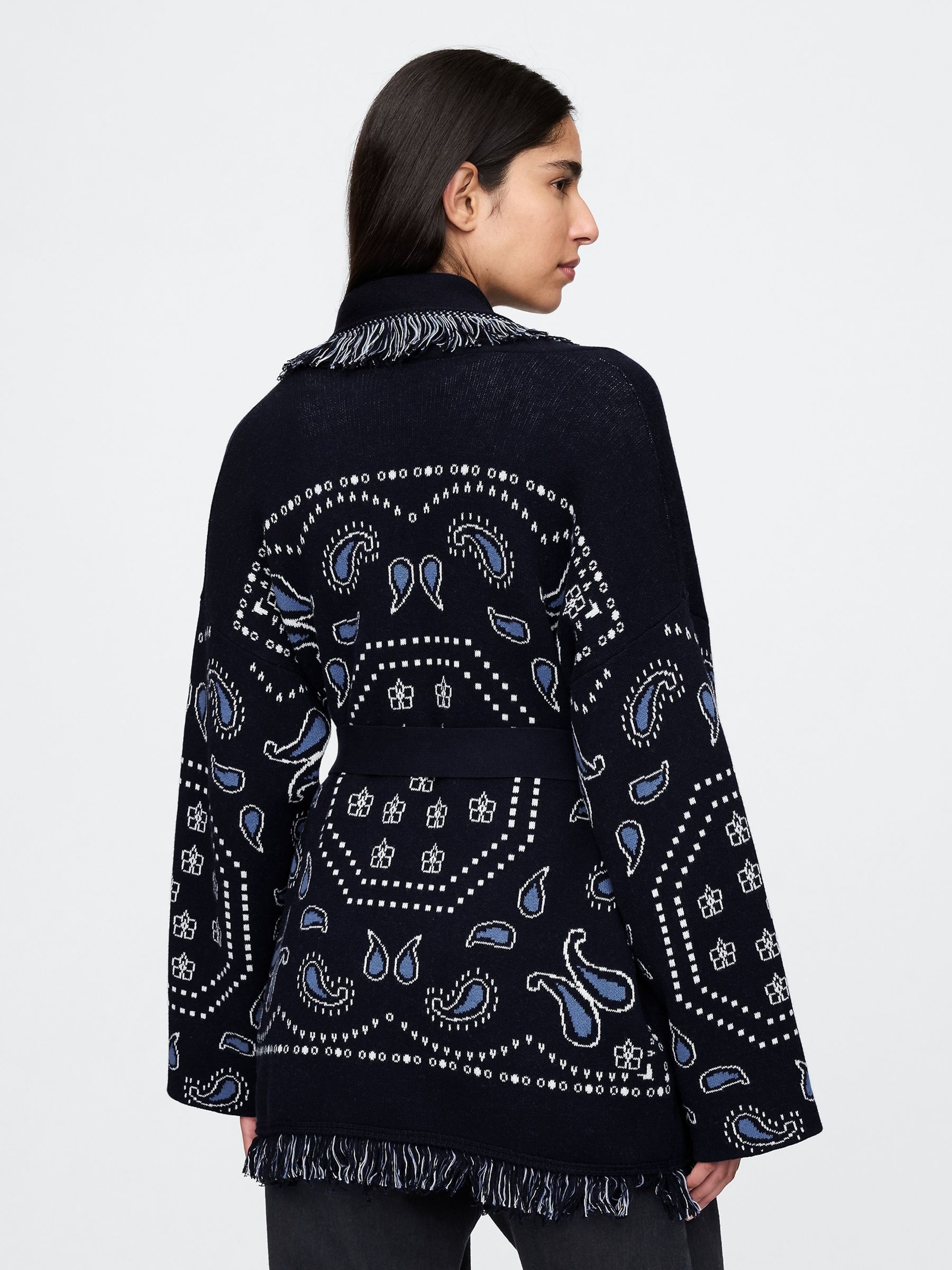 Navy Blue Oversized Fringe Shawl Cardigan - Image 2 of 5