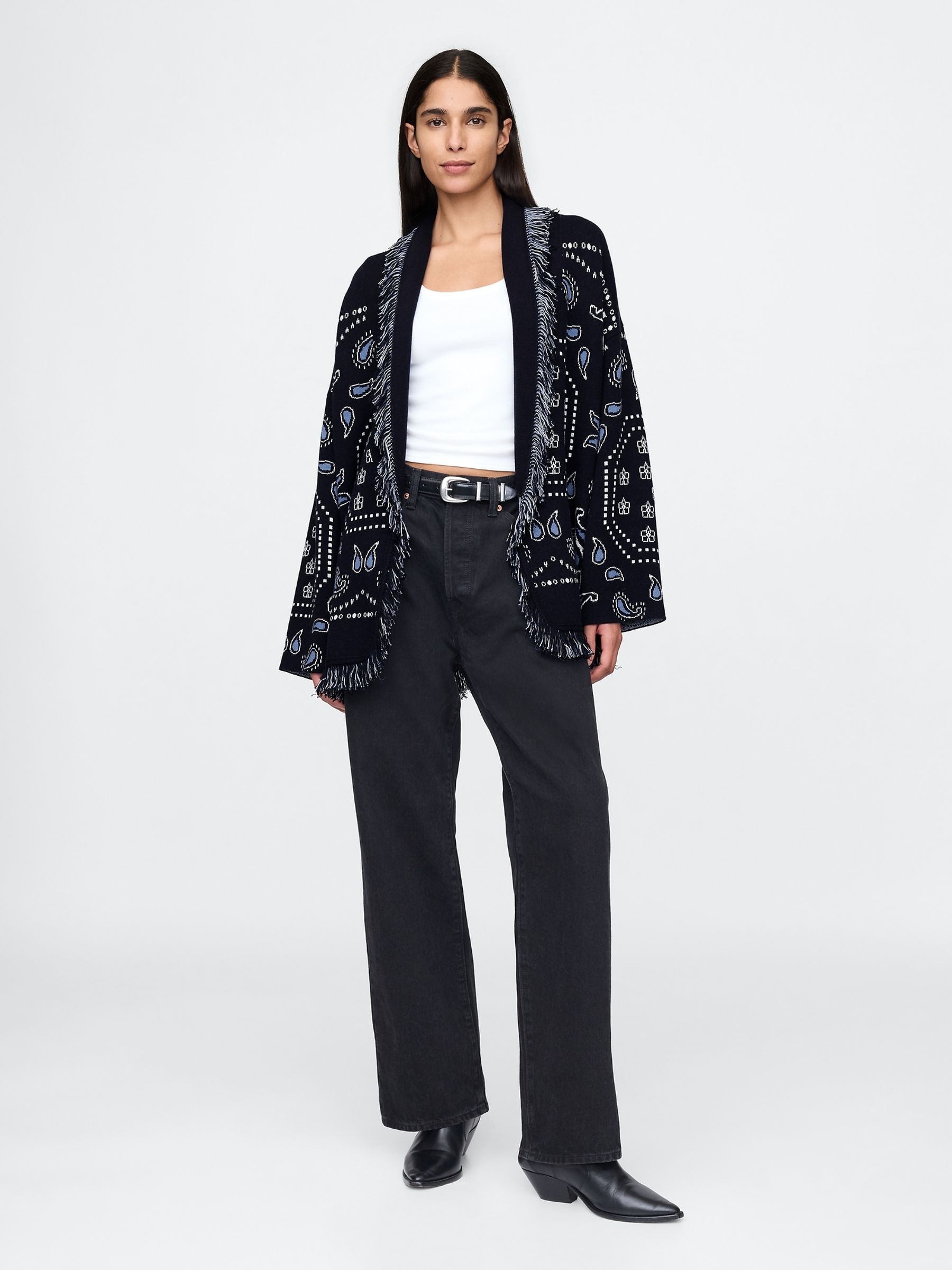 Navy Blue Oversized Fringe Shawl Cardigan - Image 3 of 5