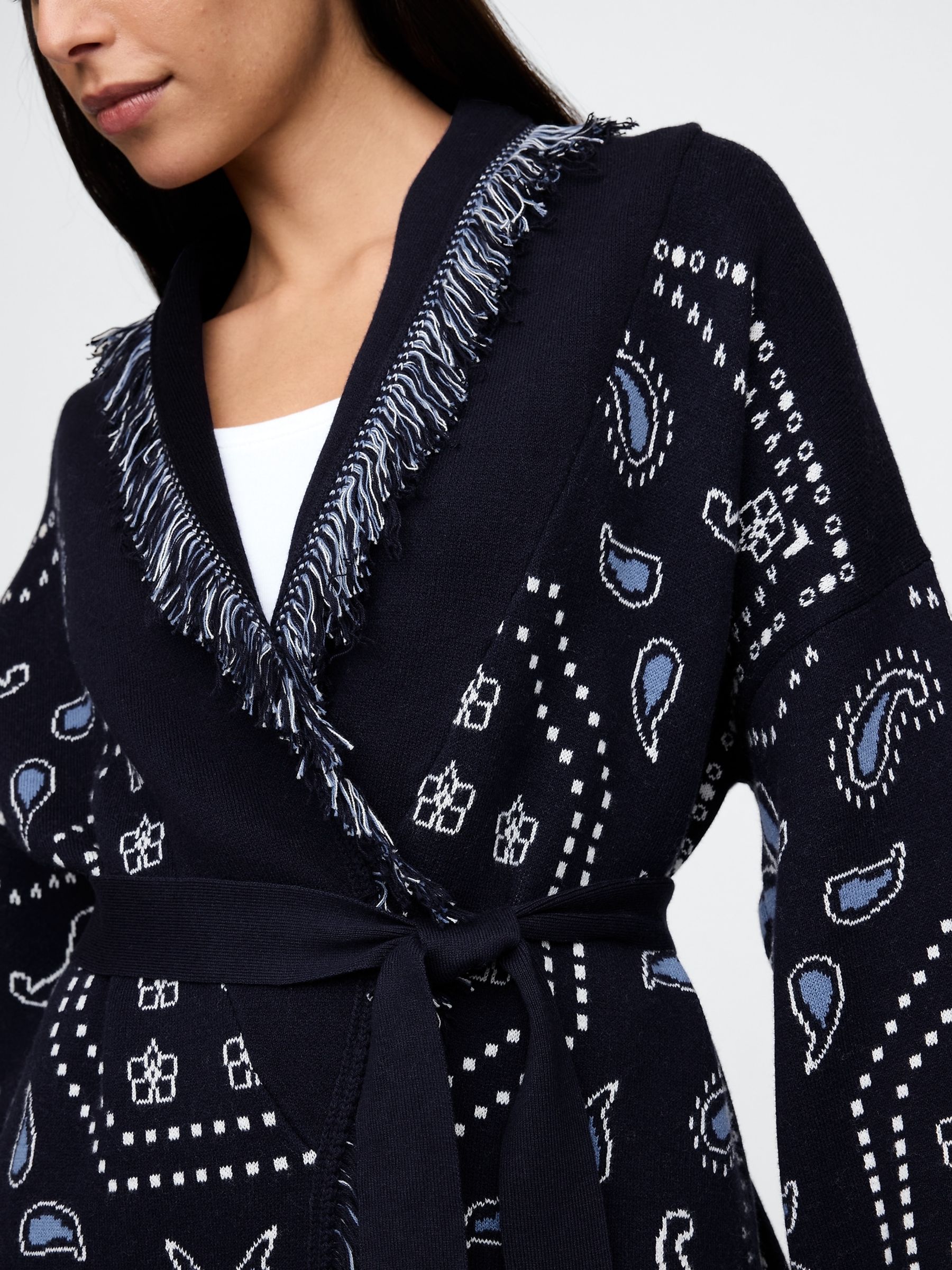 Navy Blue Oversized Fringe Shawl Cardigan - Image 4 of 5
