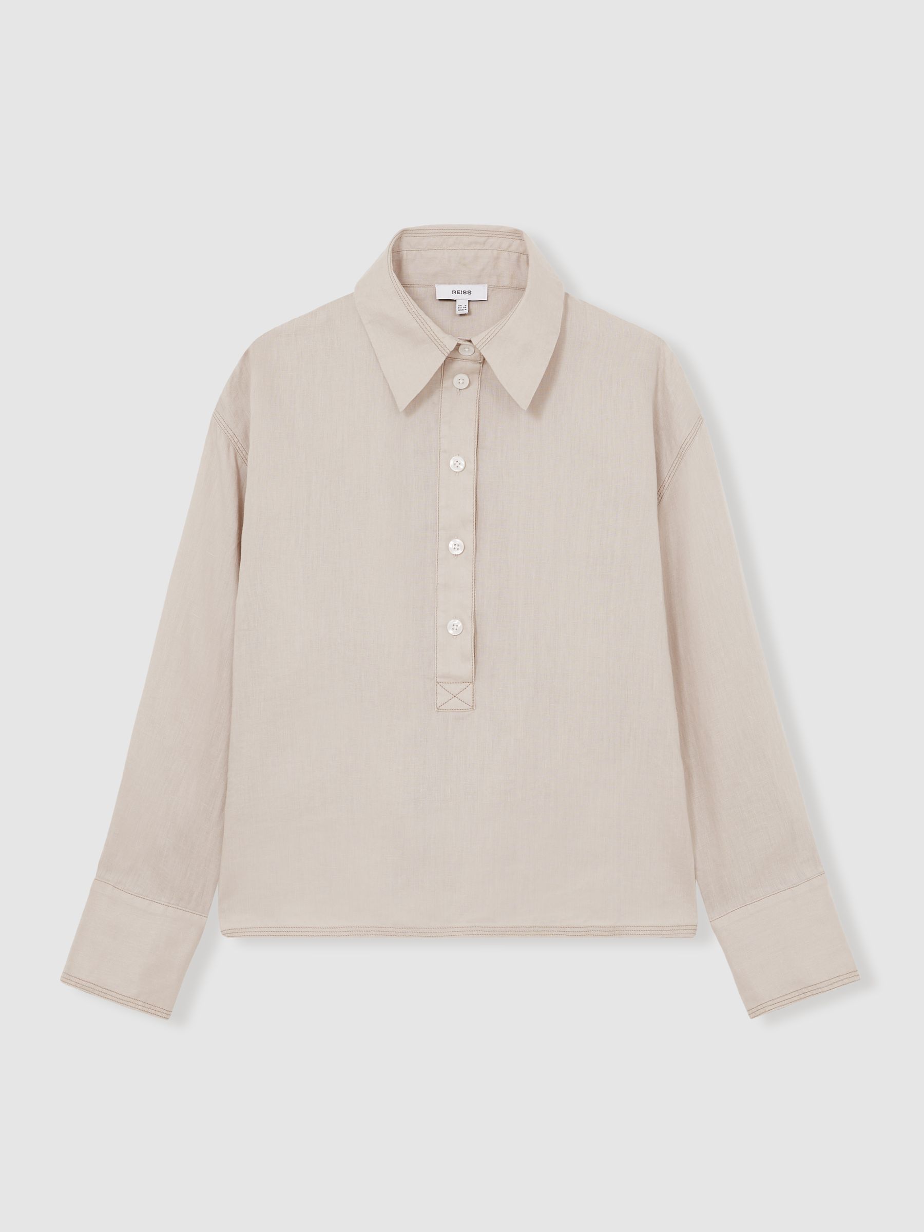Linen Overhead Open-Collar Shirt in Neutral - Image 2 of 7