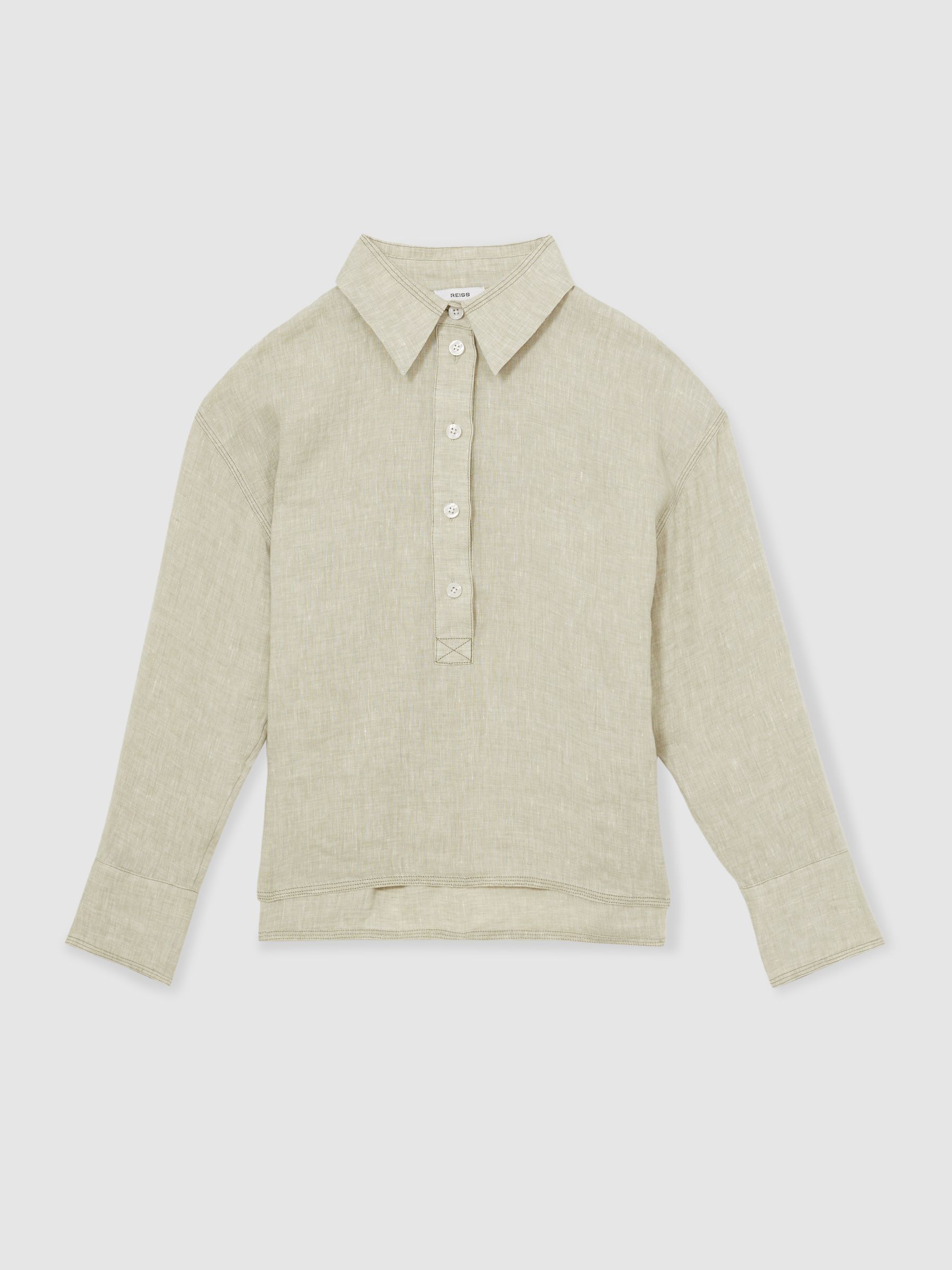 Linen Overhead Open-Collar Shirt in Sage - Image 2 of 6
