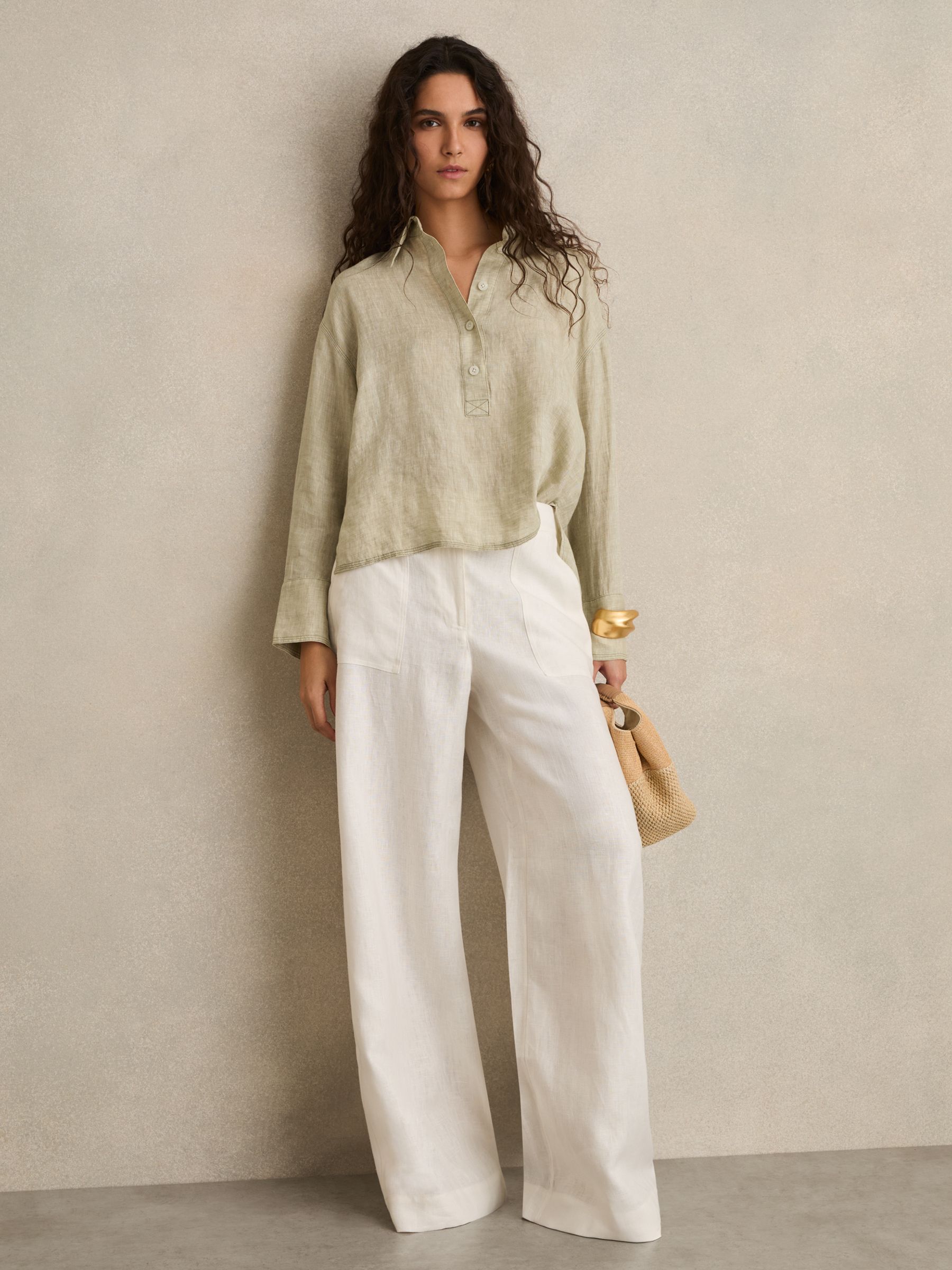 Linen Overhead Open-Collar Shirt in Sage - Image 3 of 6