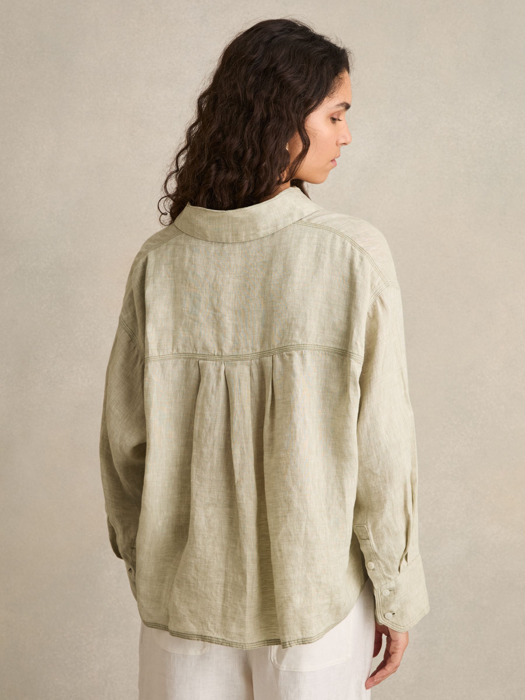 Linen Overhead Open-Collar Shirt in Sage - Image 4 of 6