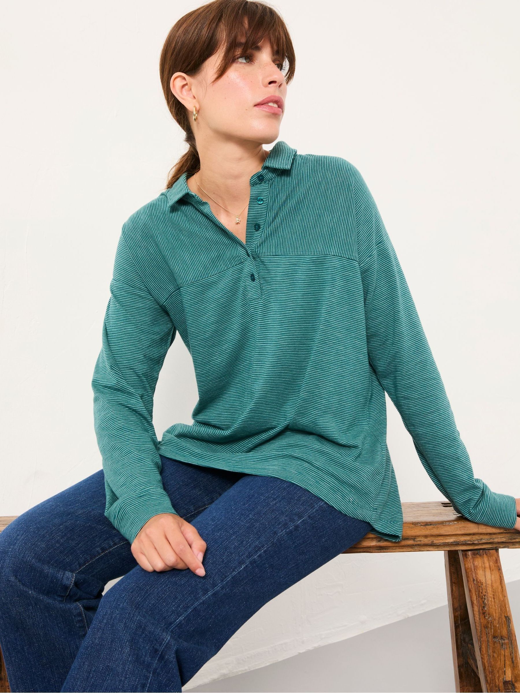Teal Blue Stripe Jersey Shirt - Image 4 of 5