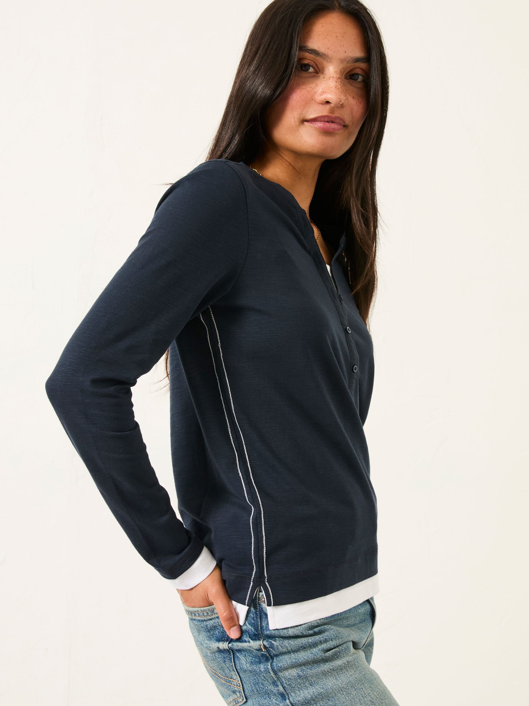 Navy Mock Henley V-neck Top | FatFace USA