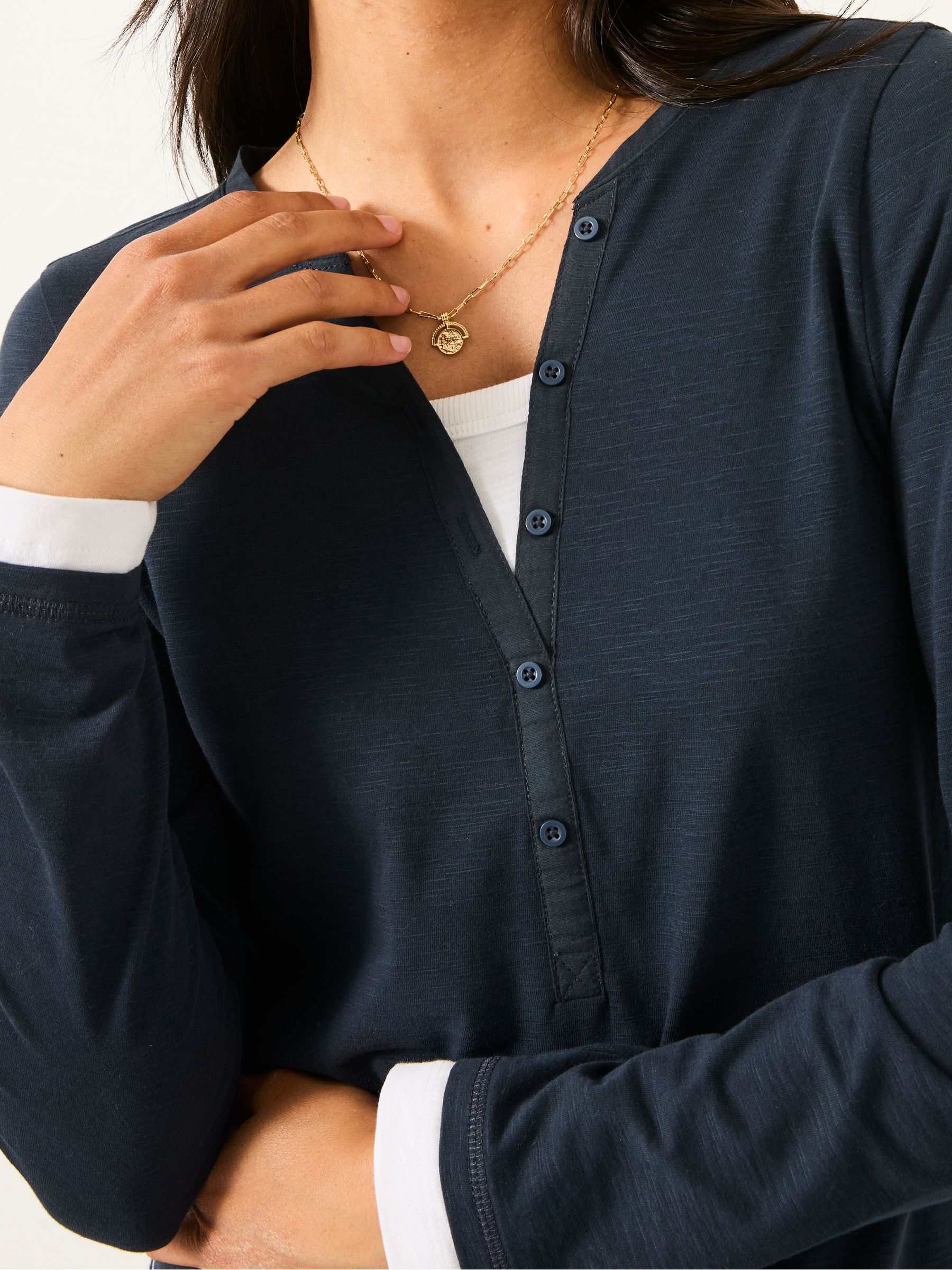 Navy Mock Henley V-neck Top | FatFace USA