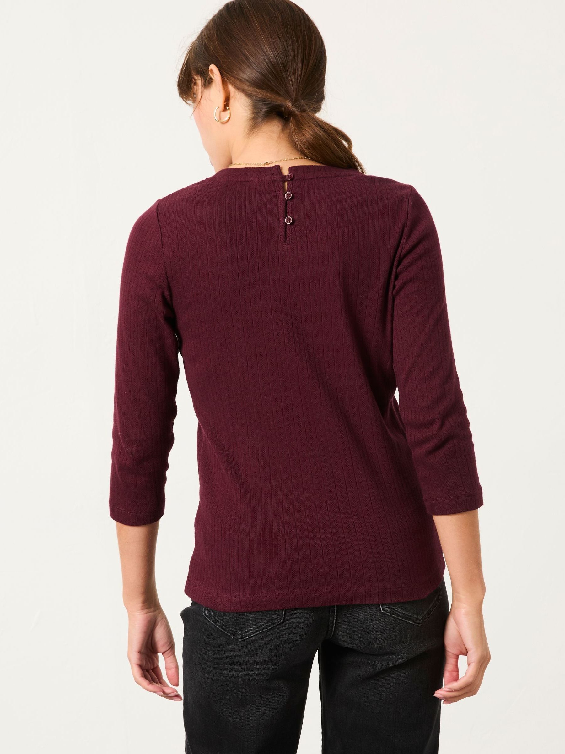 Callie Burgundy Pointelle 3/4 Sleeve T Shirt - Image 2 of 5