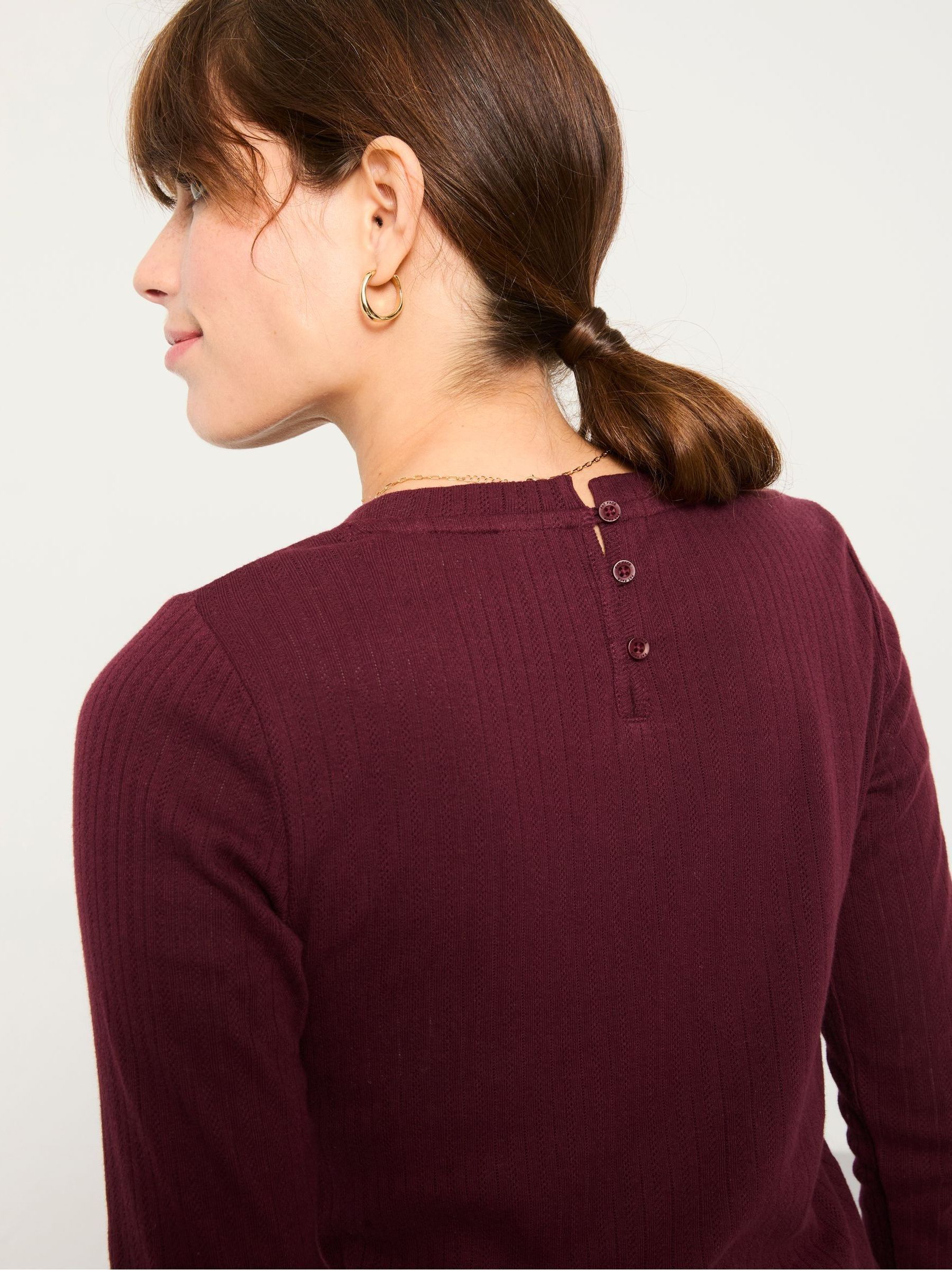 Callie Burgundy Pointelle 3/4 Sleeve T Shirt - Image 3 of 5