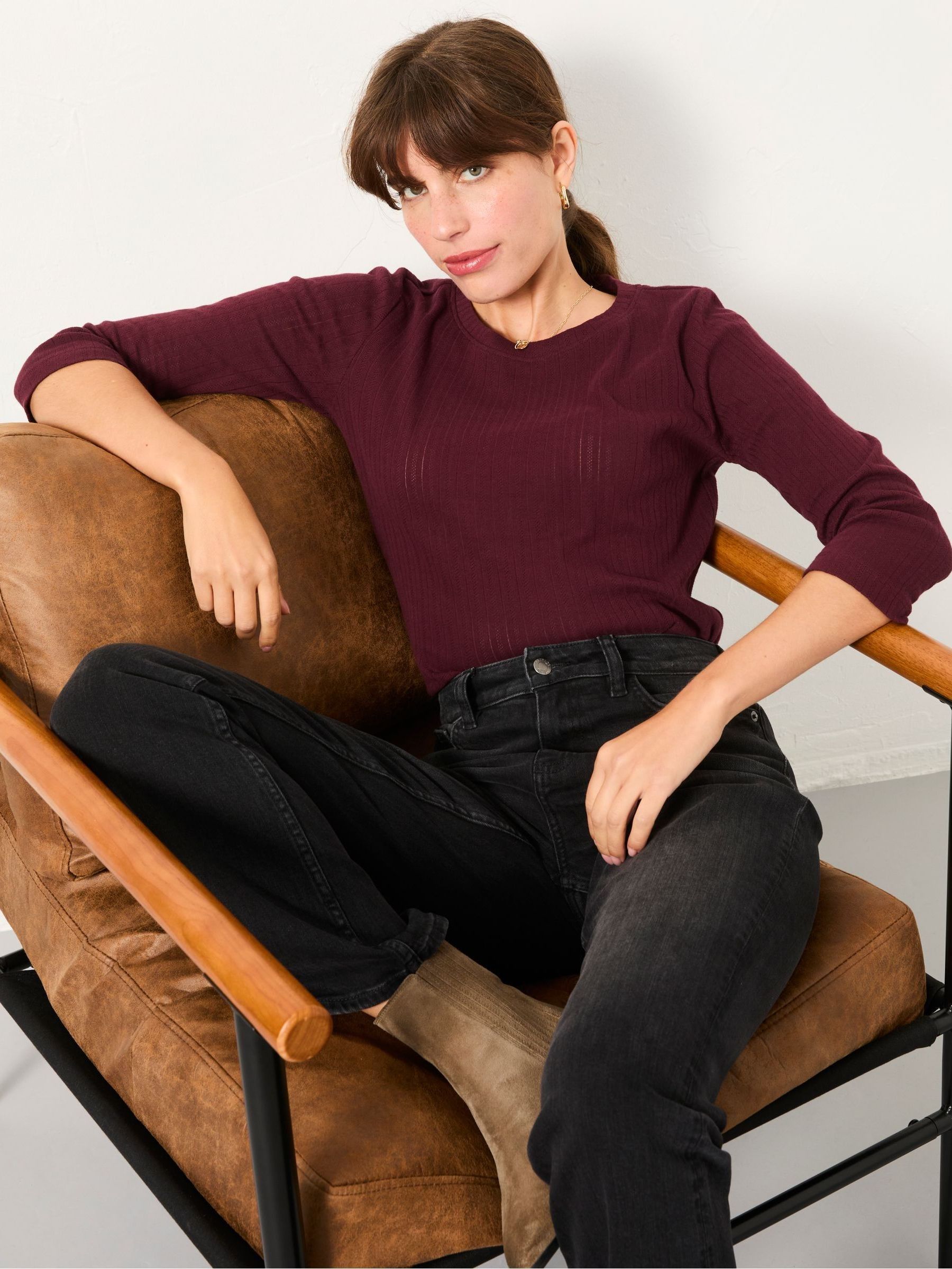 Callie Burgundy Pointelle 3/4 Sleeve T Shirt - Image 4 of 5