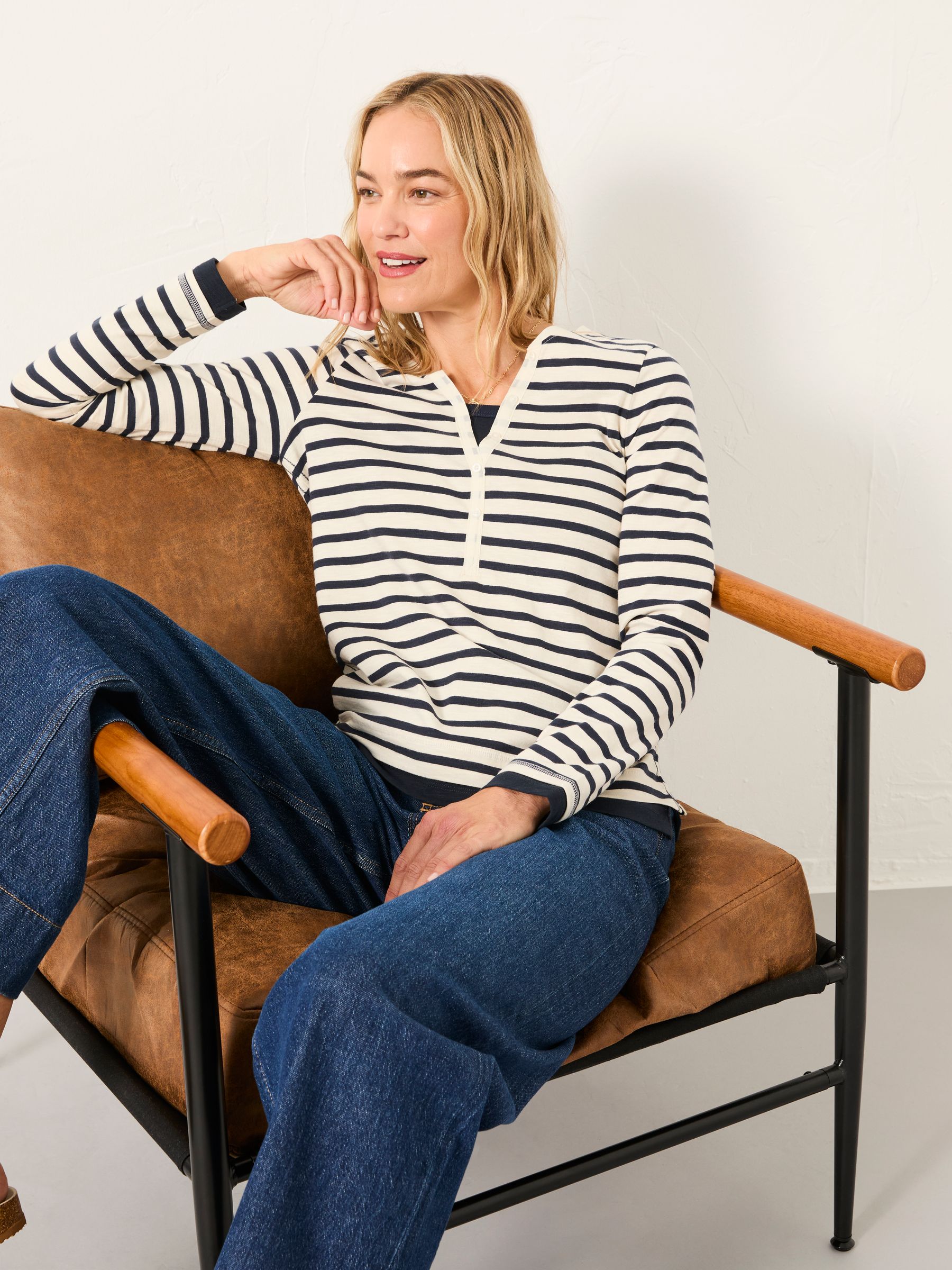 Blue Stripe Mock Henley V-neck Top | FatFace