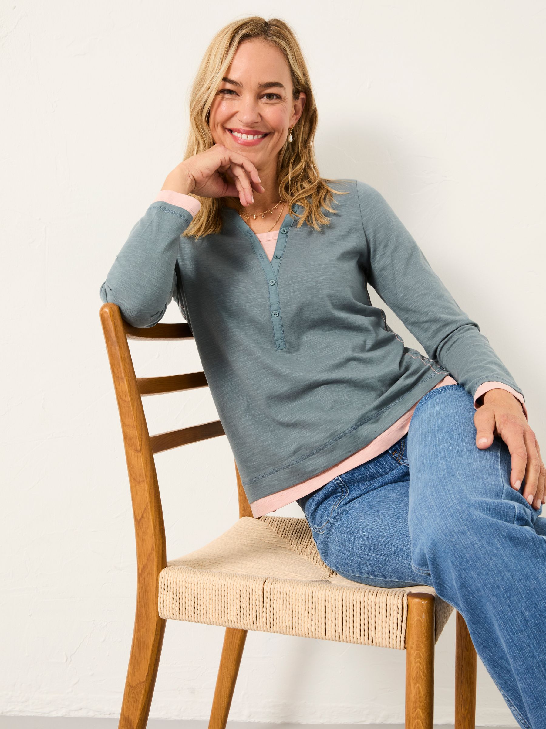 Graphite Grey Mock Henley V-neck Top | FatFace