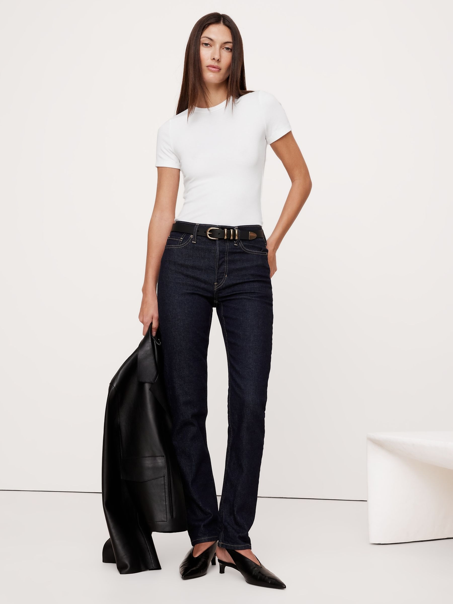 Banana Republic White Ribbed Short-Sleeve T-Shirt - Image 1 of 1