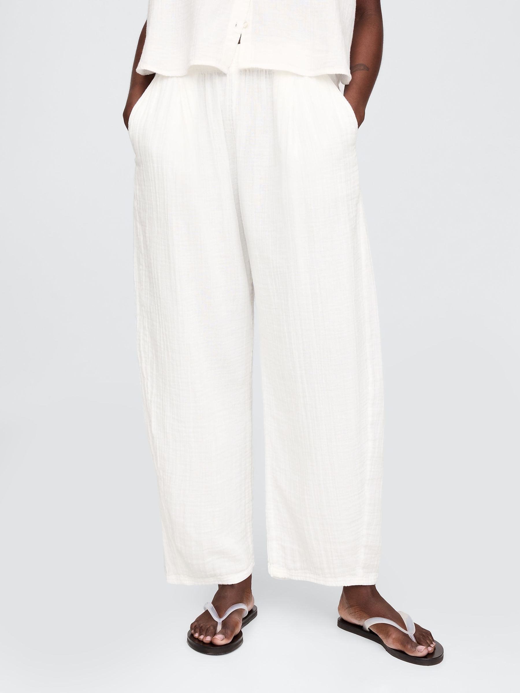 White 100% Cotton Crinkle Gauze Easy Barrel Trousers - Image 1 of 8