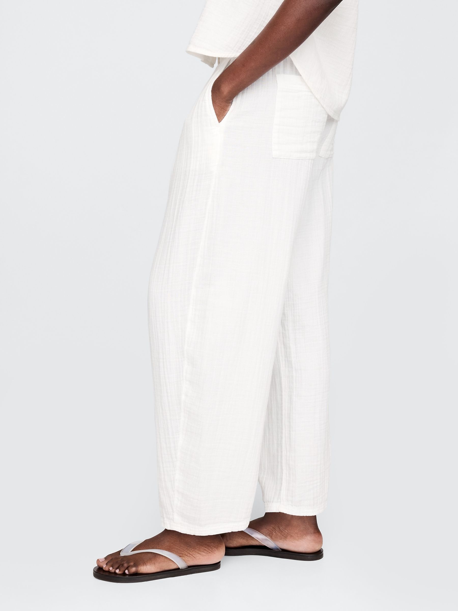 White 100% Cotton Crinkle Gauze Easy Barrel Trousers - Image 3 of 8