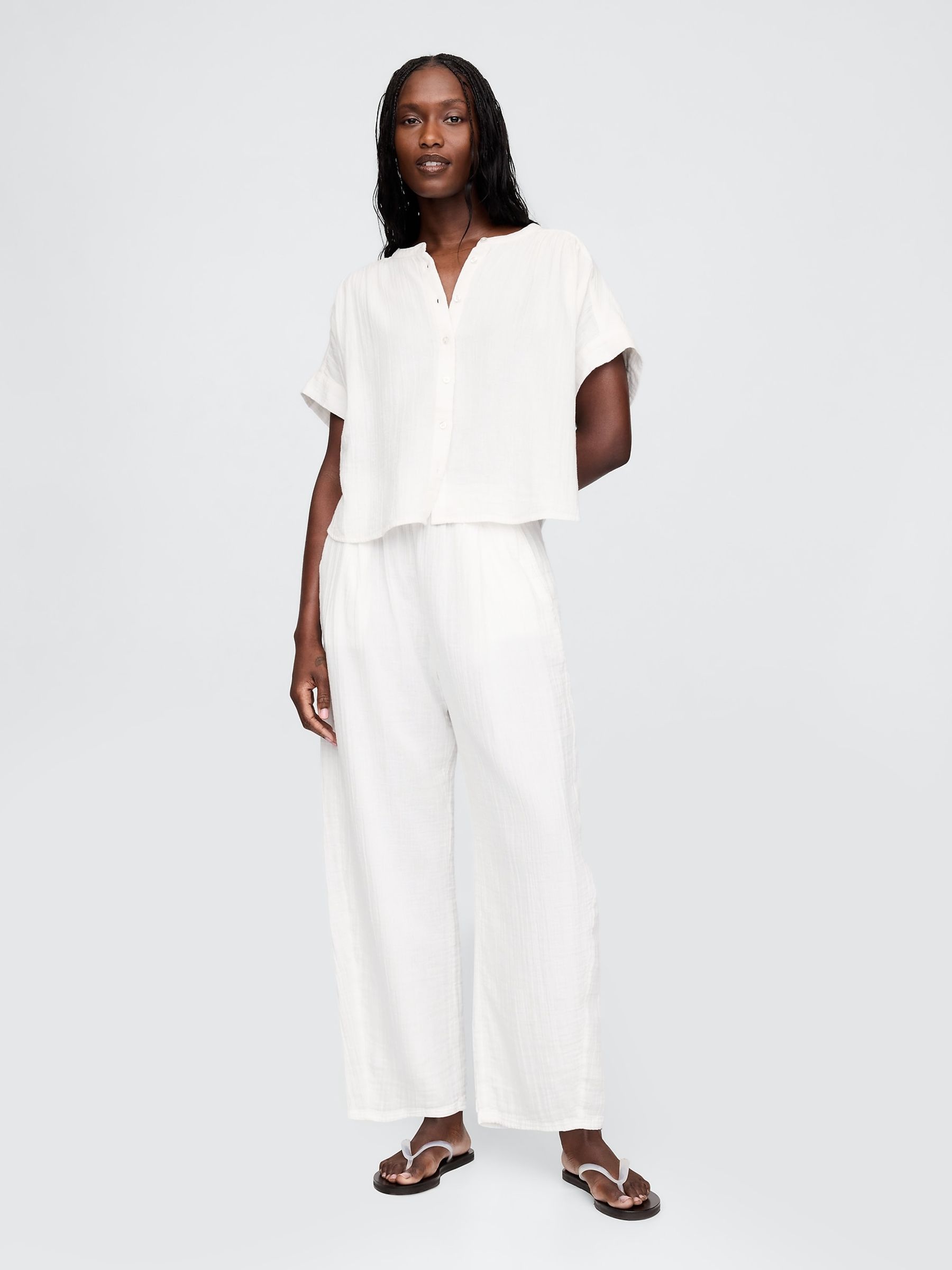White 100% Cotton Crinkle Gauze Easy Barrel Trousers - Image 4 of 8